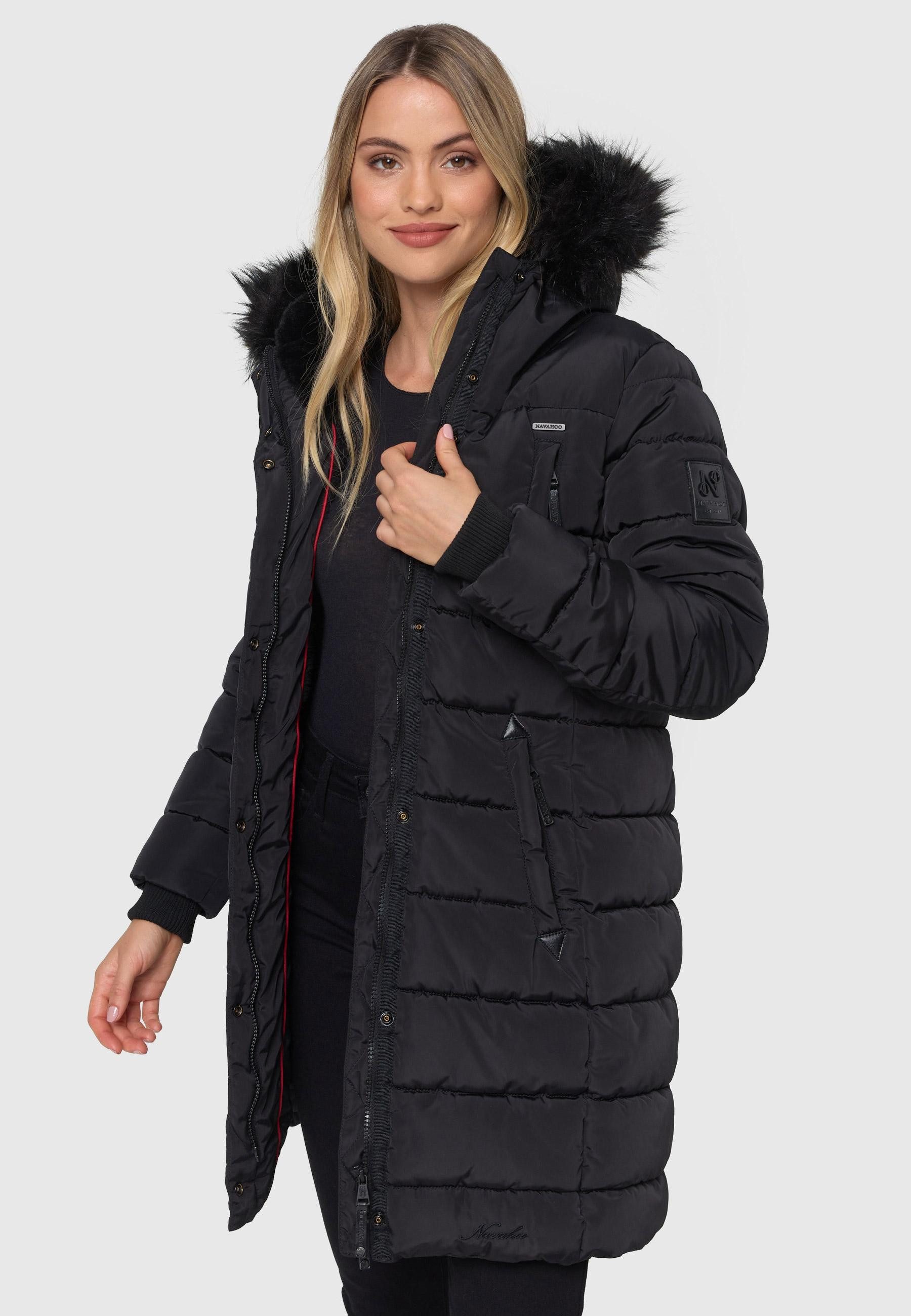 Navahoo Winterjacke Steppjacke lang mit Kapuze – Warm gefüttert Lange Winterjacke mit Teddyfutter und abnehmbarem Kunstfell
