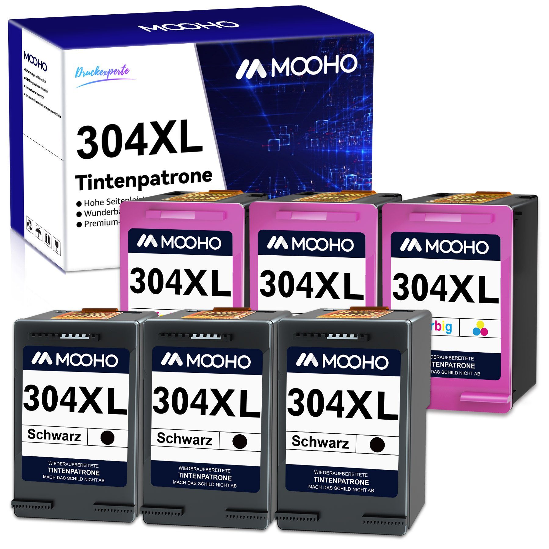 MOOHO 6er Set ersetzt für HP 304XL 304 XL HP304 N9K08AE Tintenpatrone