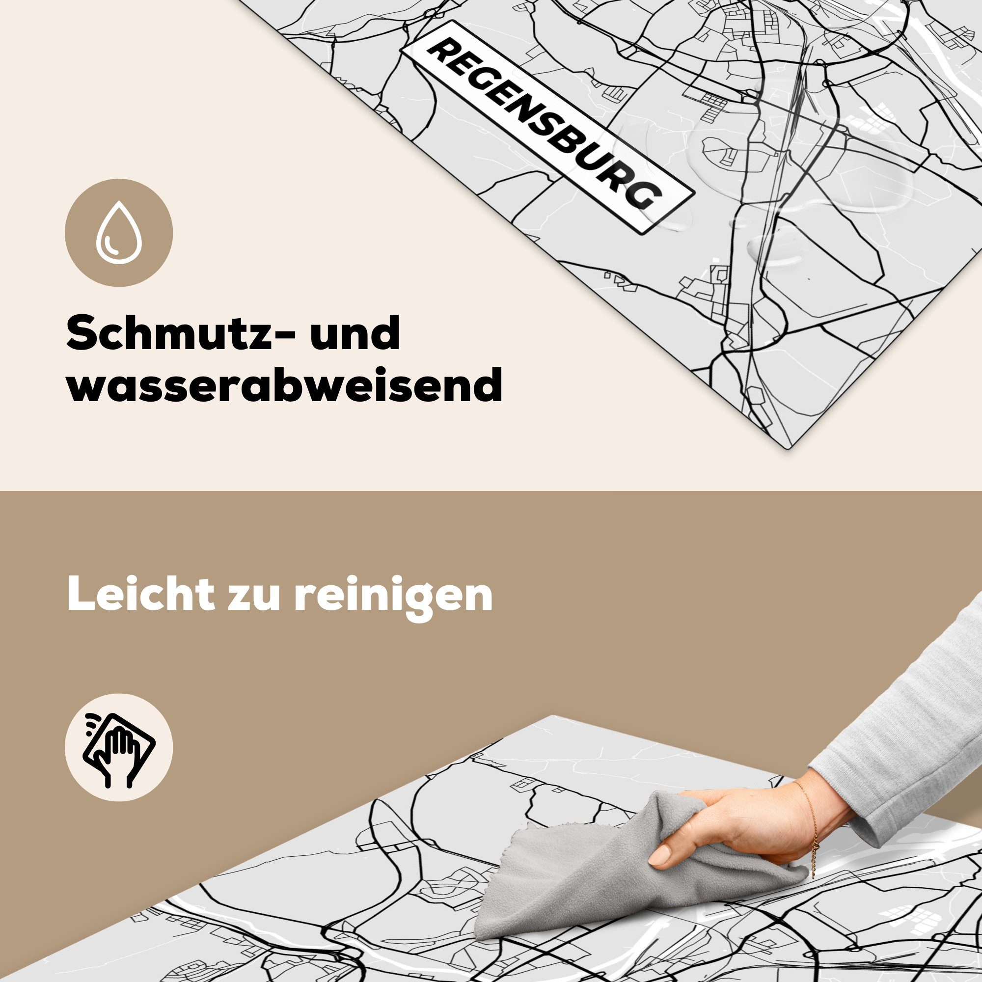 - tlg), MuchoWow Karte Vinyl, Deutschland Stadtplan, cm, für (1 Herdblende-/Abdeckplatte küche Ceranfeldabdeckung, - Karte 78x78 Regensburg - - Arbeitsplatte