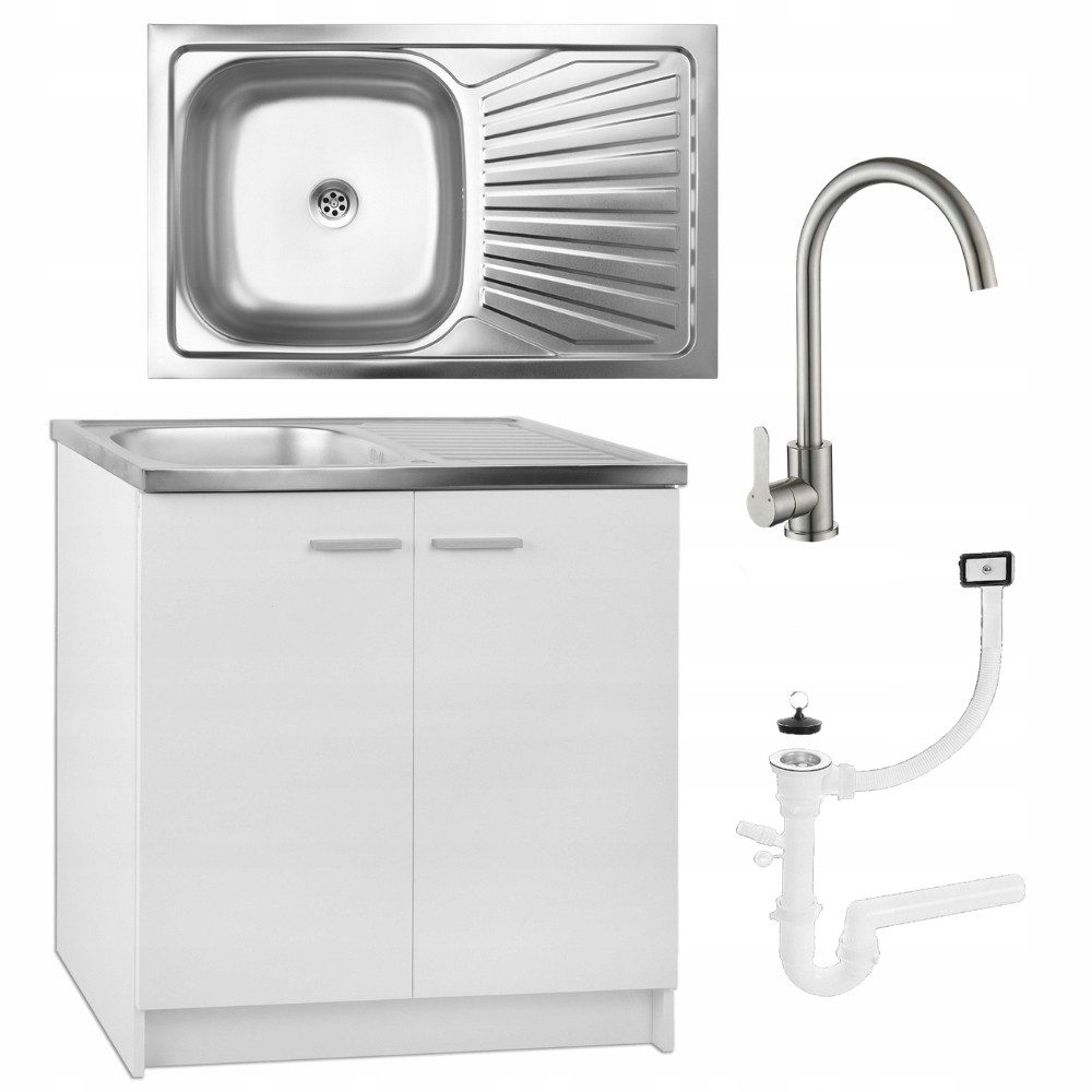 STAMAR Spülenschrank Küchenunterschrank 80 cm Weiß mit Spüle Armatur Komplettset Unterschrank stehend Edelstahl Spülbecken Wasserhahn Khaki matt Set