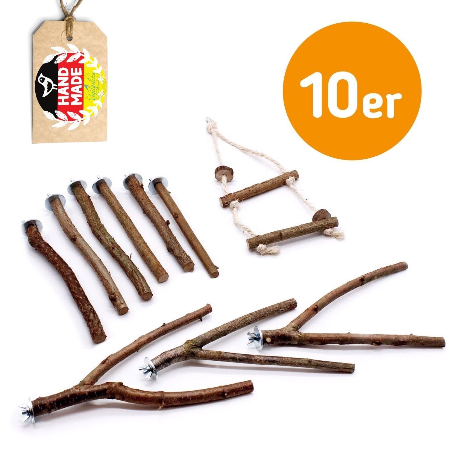 halmland Vogelspielplatz 10er Pack Naturholz- Sitzstangen inkl. Vogelschaukel