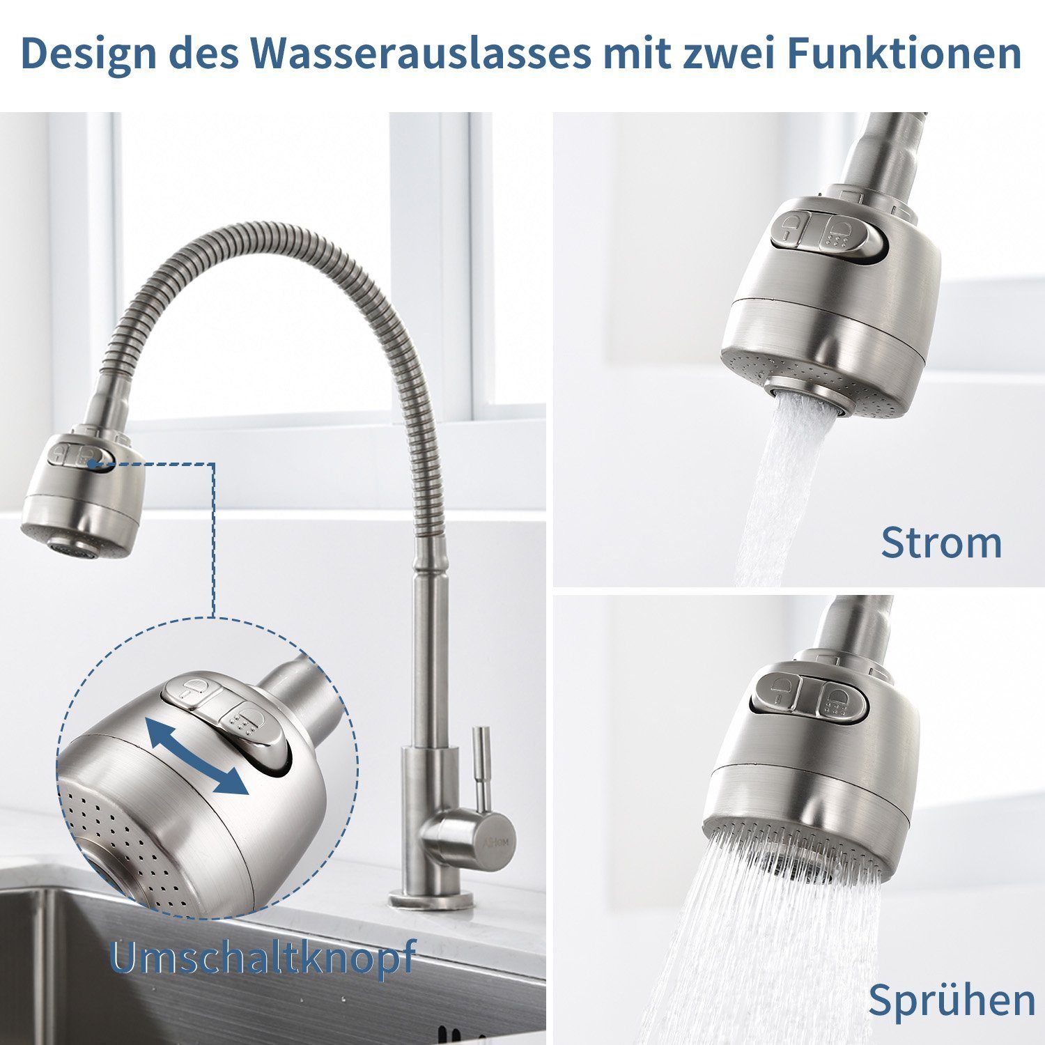 HOMELIVE Küchenarmatur Kaltwasserhahn 360° Schwenkbar Wasserhahn Küche nur Kaltwasser (2 strahlarten Kaltarmaturen Wasserhahn Kalt) mit flexiblem Hals aus 304 Edelstahl, Matt