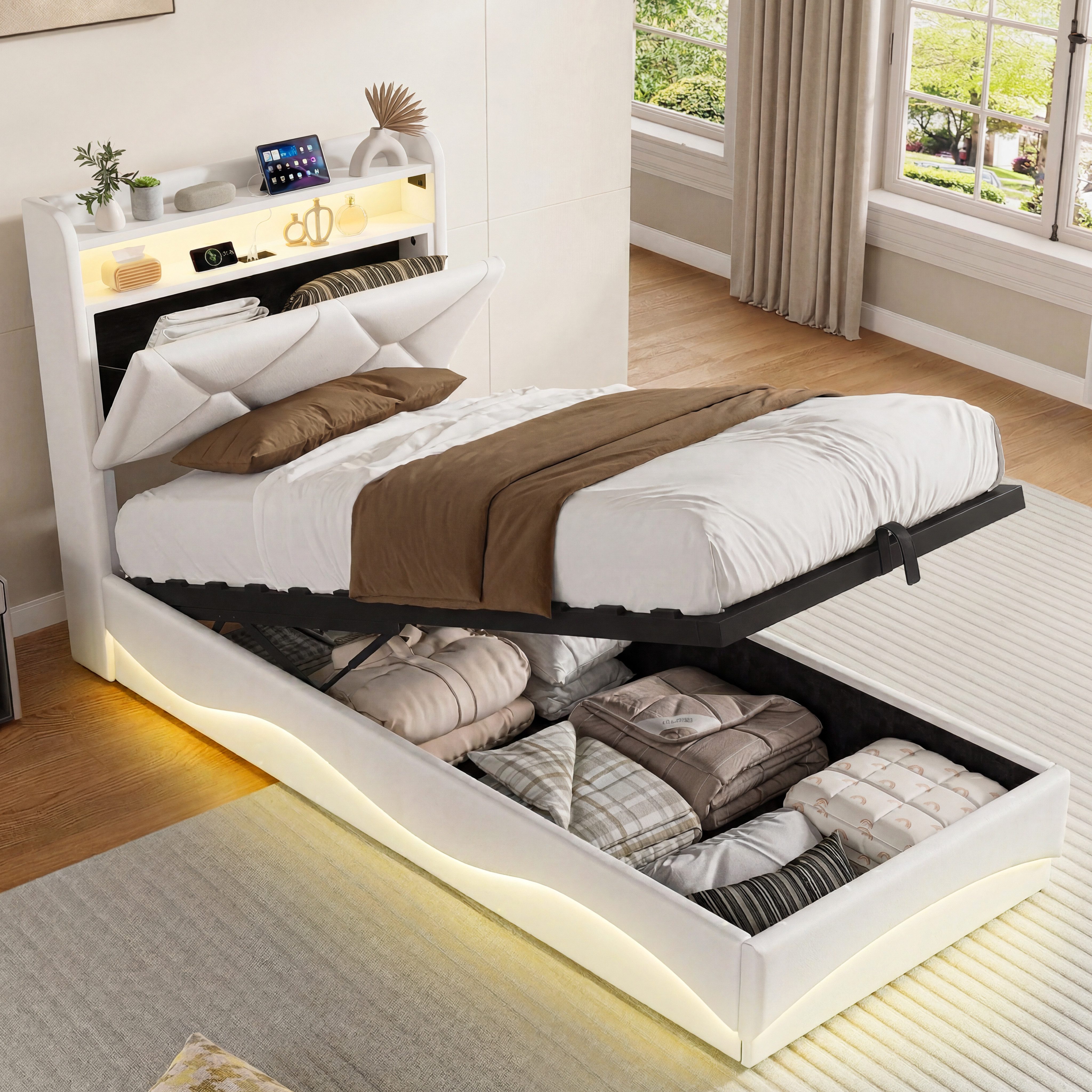 PXloue Polsterbett LED Doppelbett, Bettkasten, Ladefunktion, Samt, 90x200 cm