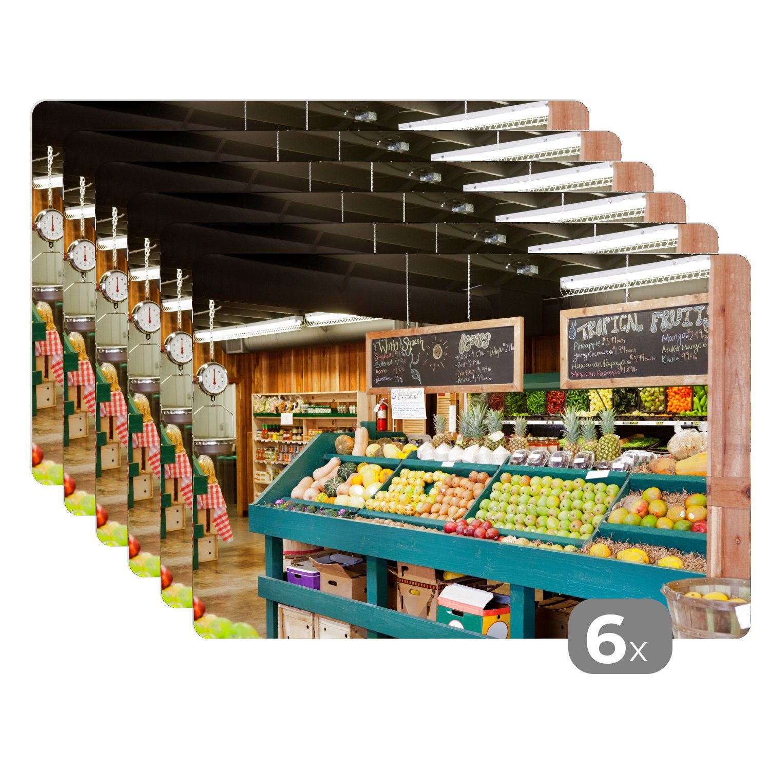 Platzset, Obst - Supermarkt - Schmutzabweisend Tischmatten, Platzset, MuchoWow, Platzmatte, (6-St), Platzdecken, Kreidetafel