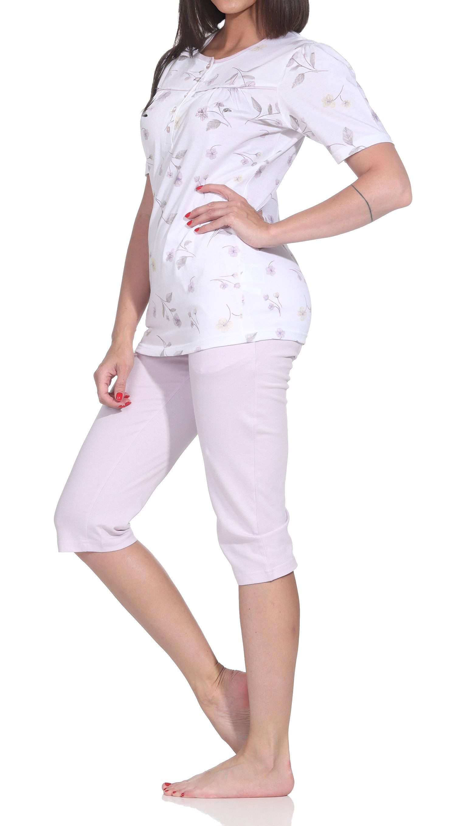 Normann Pyjama Normann Damen Capri-Pyjama kurzarm – Sommerliches Blumen-Design
