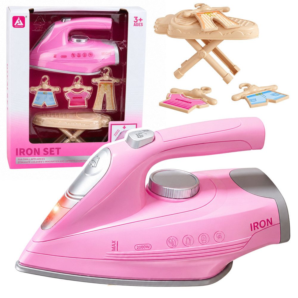 LEAN TOYS Kinder-Bügeleisen Spielbügeleisen Bügelstation Rollenspielset, (Spar-Set, 1-tlg., 16 x 10 x 8 cm leuchtend), Licht, Geräusche, Vibration, Bügelbrett, Rollenspiel