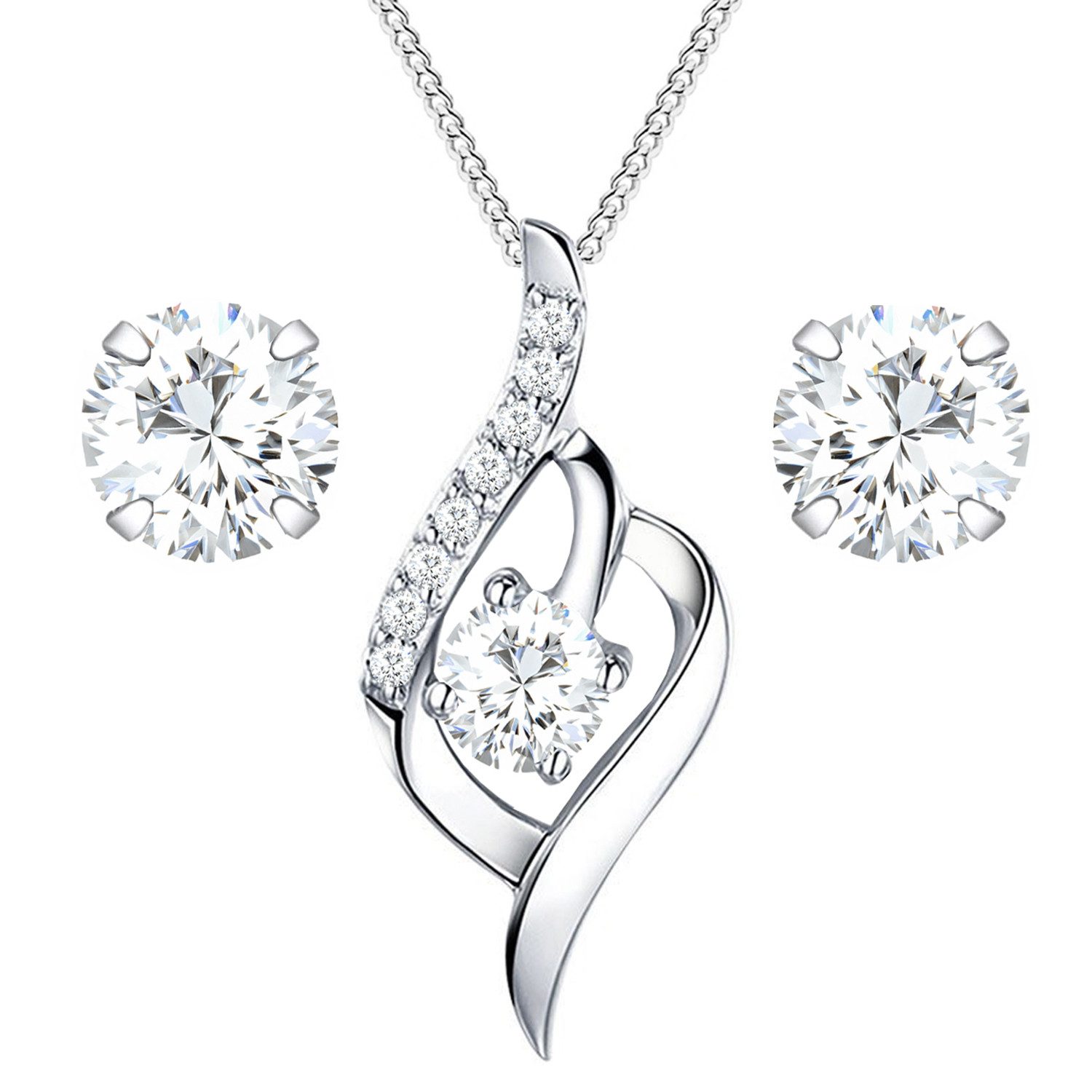 Ohrring und Ketten Set 925 Silber Ohrringe Kette Tropfen Anhänger Zirkonia Set Tropfenform
