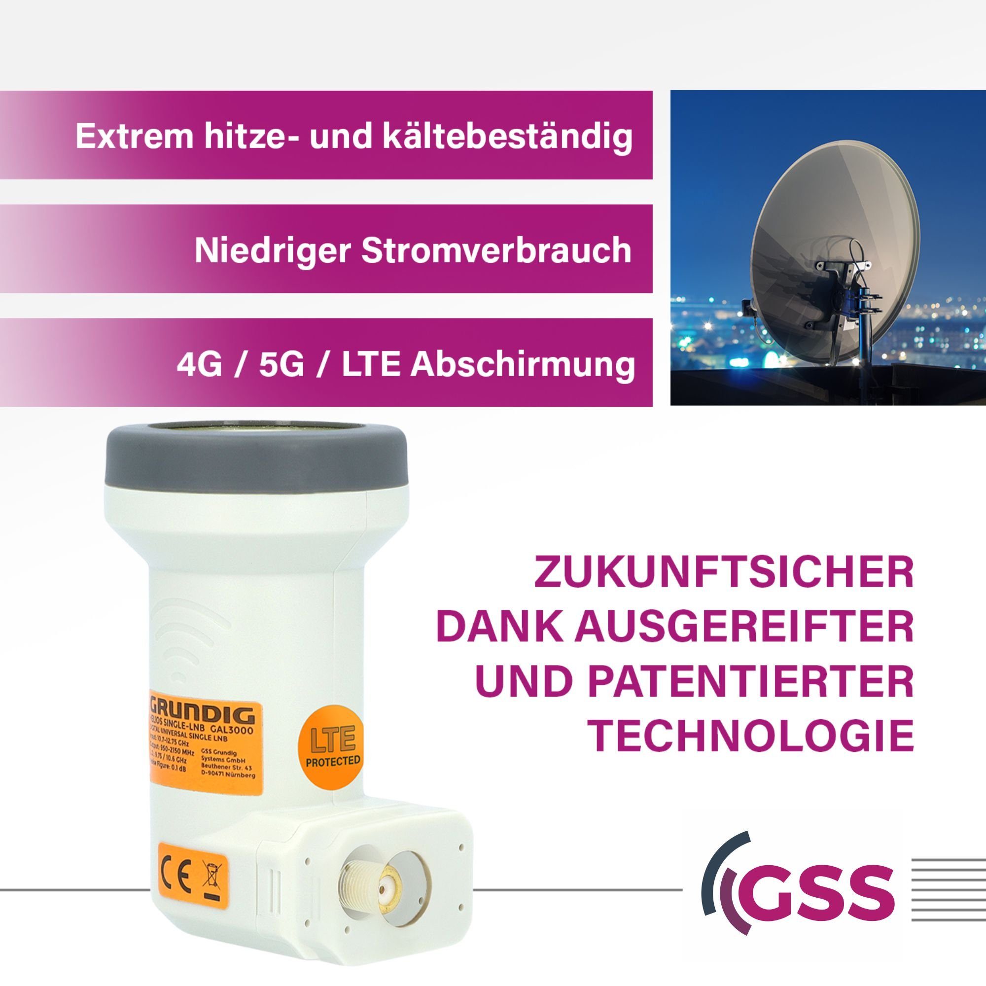 GSS 2x LNB Universal-Single-LNB F-Stecker vergoldet) (LTE Aufdrehhilfe Wetterschutz & mit Filter, Single Helios