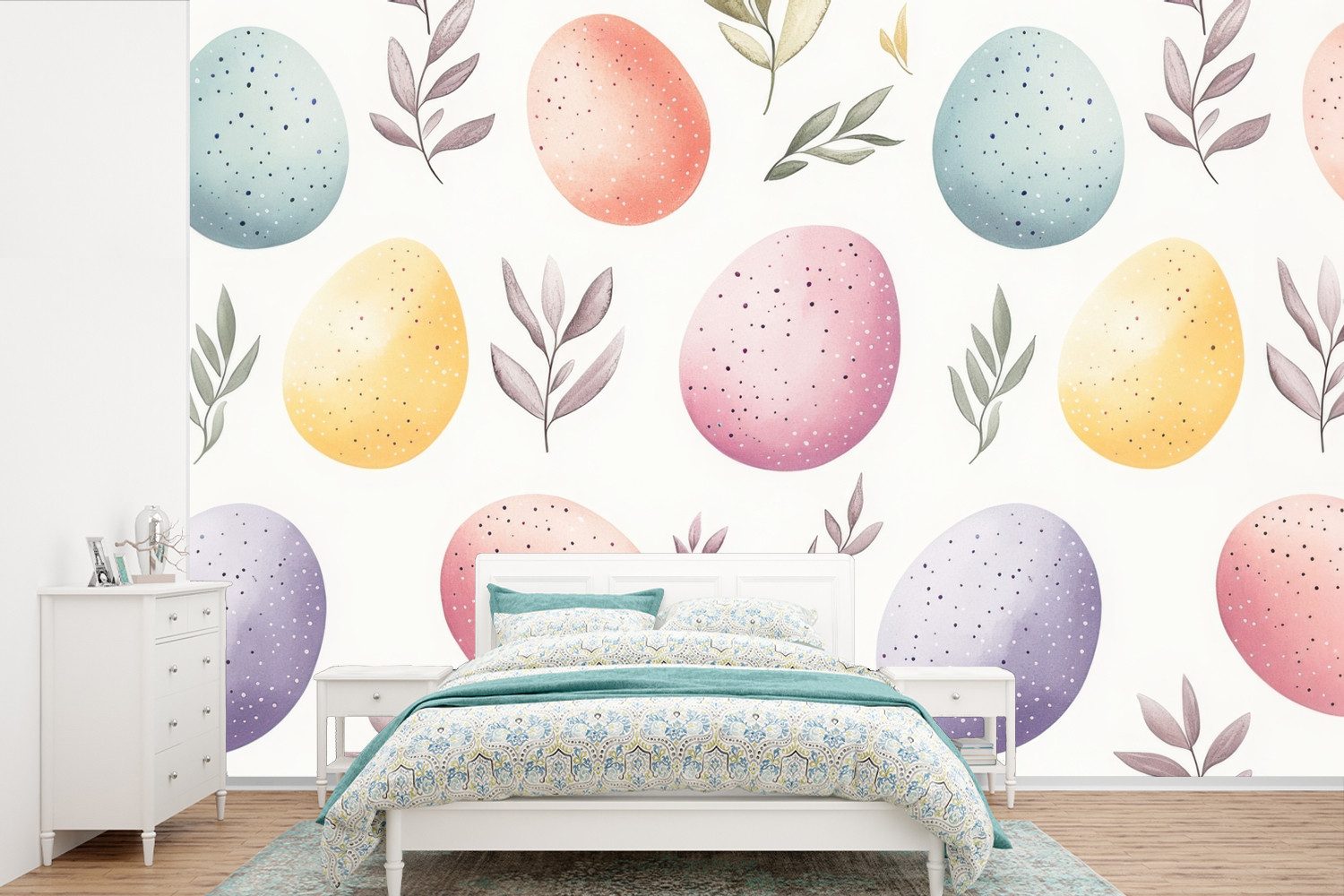 MuchoWow Fototapete Eier - Bunt - Muster, Matt, bedruckt, Wallpaper für Wohnzimmer, Schlafzimmer, Vinyl Tapete, 330x220 cm