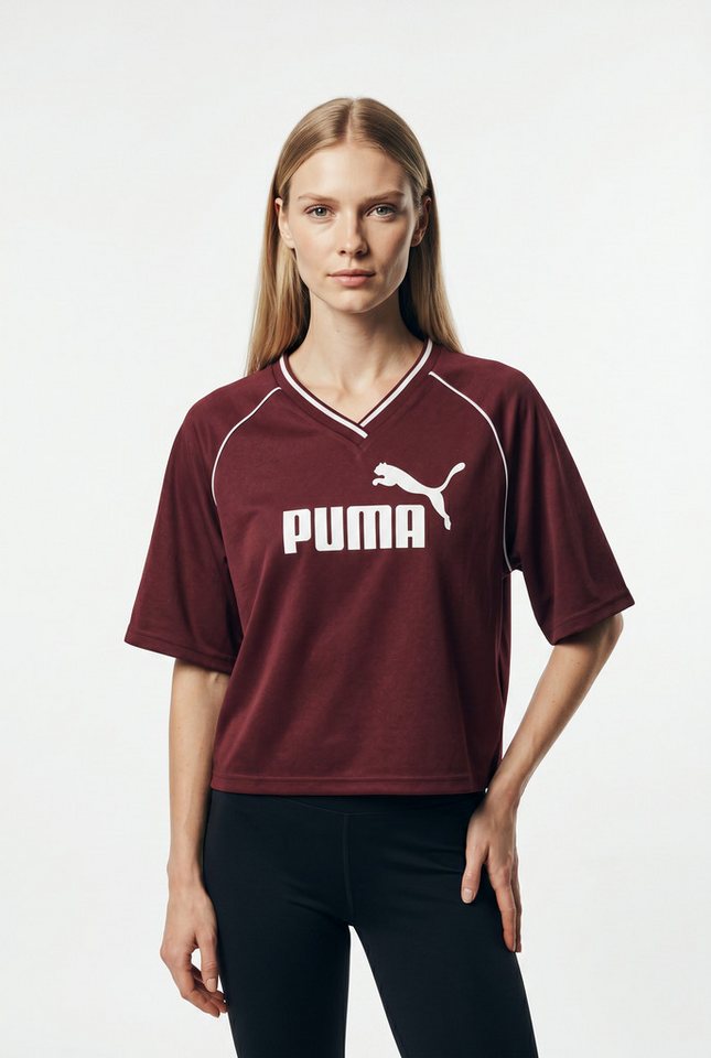PUMA T-Shirt ESS RELAXED CROPPED FOOTBALL JERSEY Kurzarm, sportlicher Stil, mit V-Ausschnitt