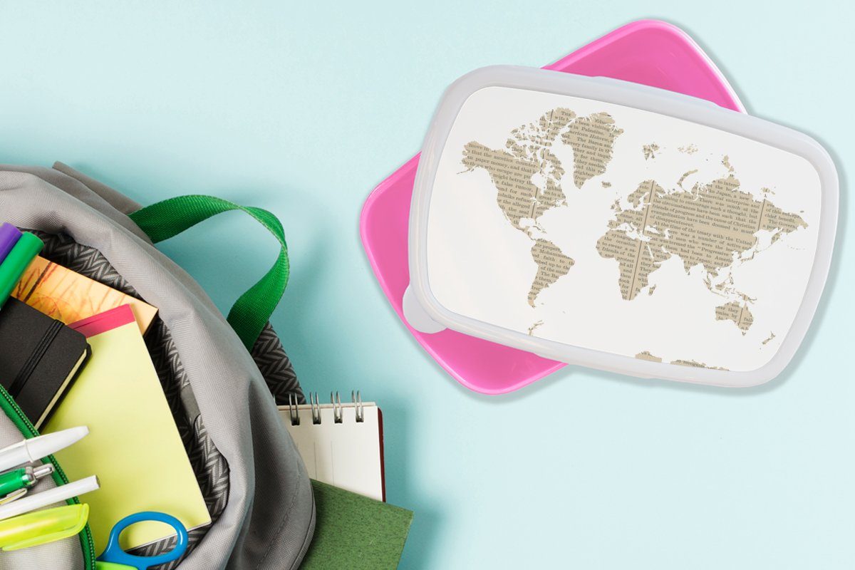 Snackbox, weiß Lunchbox Brotdose Mädchen, - Brotbox MuchoWow Erwachsene, - Kinder, (2-tlg), Zeitungspapier, Weltkarte Kunststoff, für rosa Kunststoff