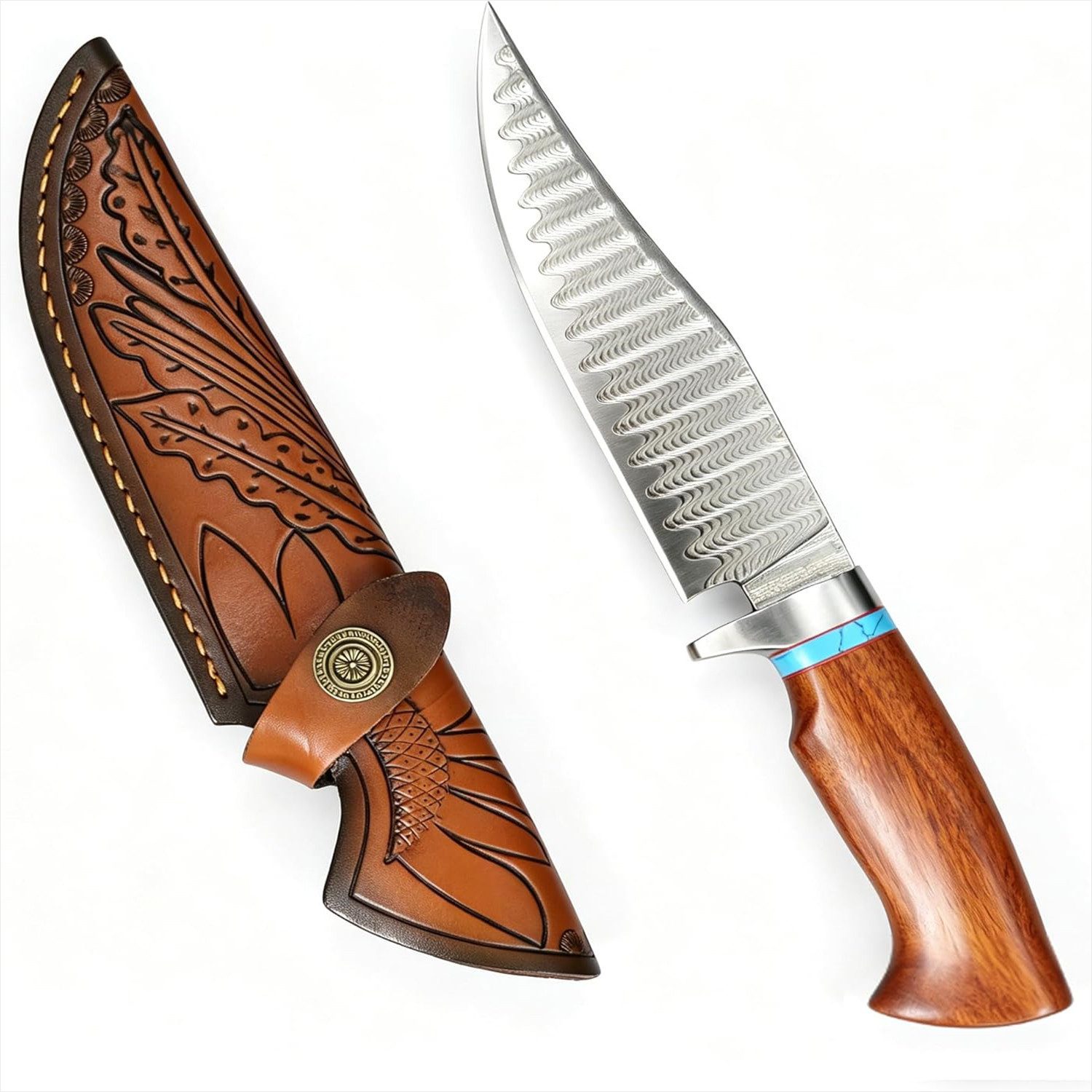 KingLux Damastmesser Damaststahl Feststehend Jagdmesser Outdoormesser Mit Lederscheide
