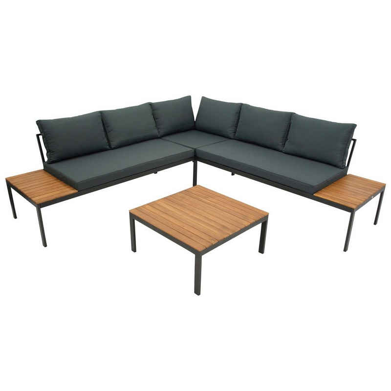 DEGAMO Gartenlounge-Set RANGUN, Ecksofa 225x225cm + Tisch, Stahl verzinkt + Akazie, Polster grau