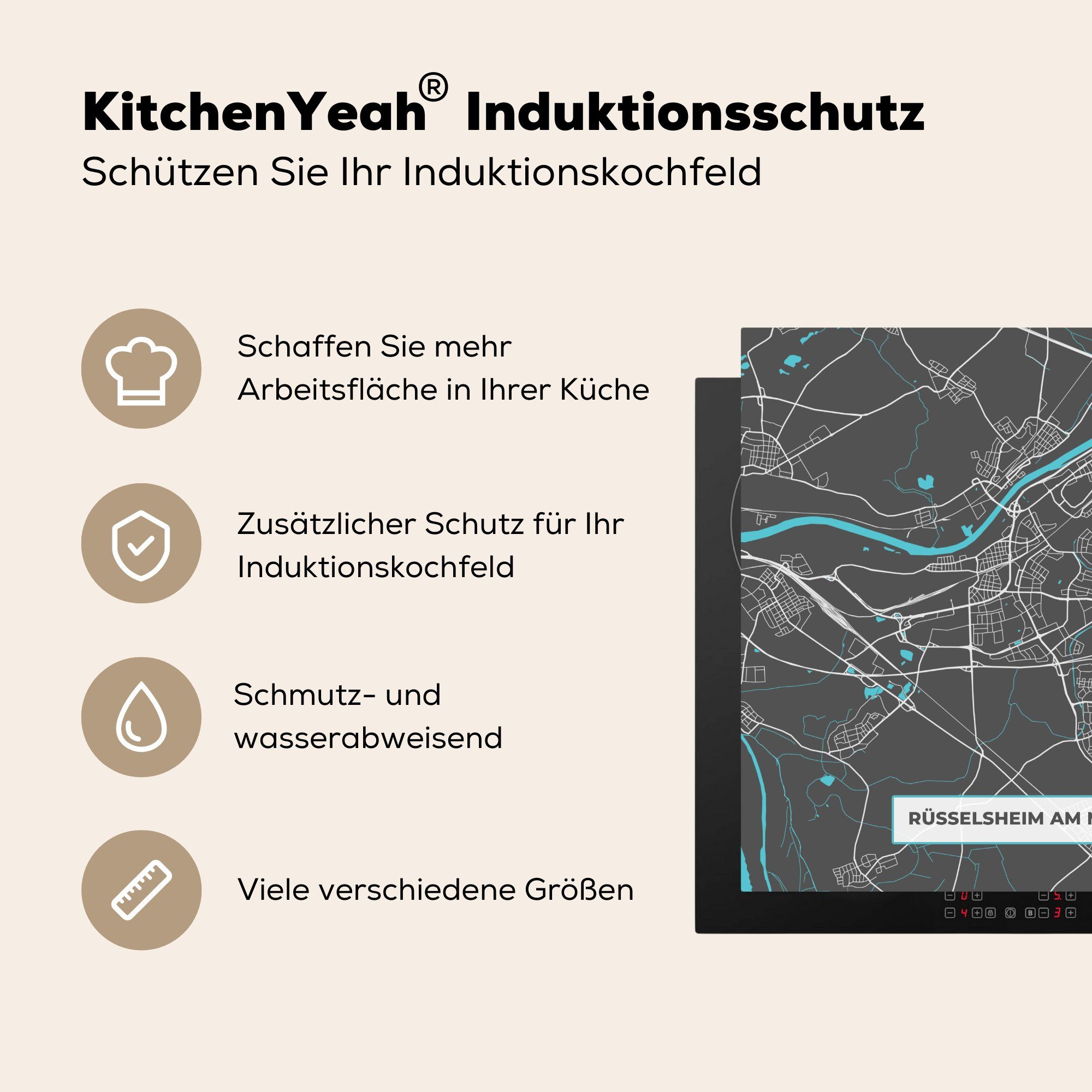 - Karte tlg), für küche MuchoWow Ceranfeldabdeckung, Blau (1 Deutschland cm, am - Karte, Vinyl, Main Stadtplan 78x78 - - Rüsselsheim Herdblende-/Abdeckplatte Arbeitsplatte -