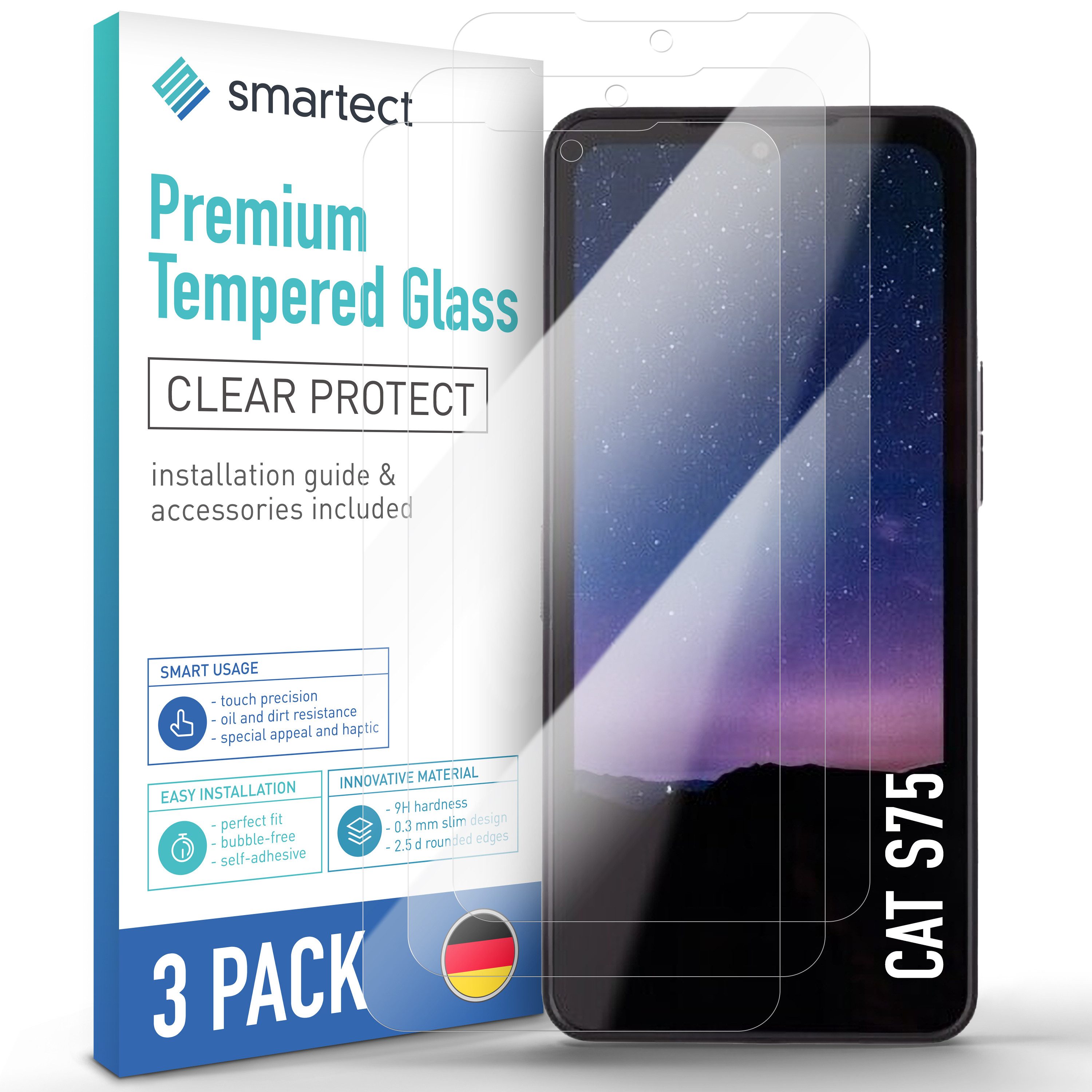 smartect Displayschutzglas 3X Schutzglas Panzerfolie Klar für CAT S75 für CAT S75, Set, 3 Stück, 0.3 mm Ultra-klar, 9H Härte, Kratzfest, Stoßfest, Blasenfrei, Oleophob