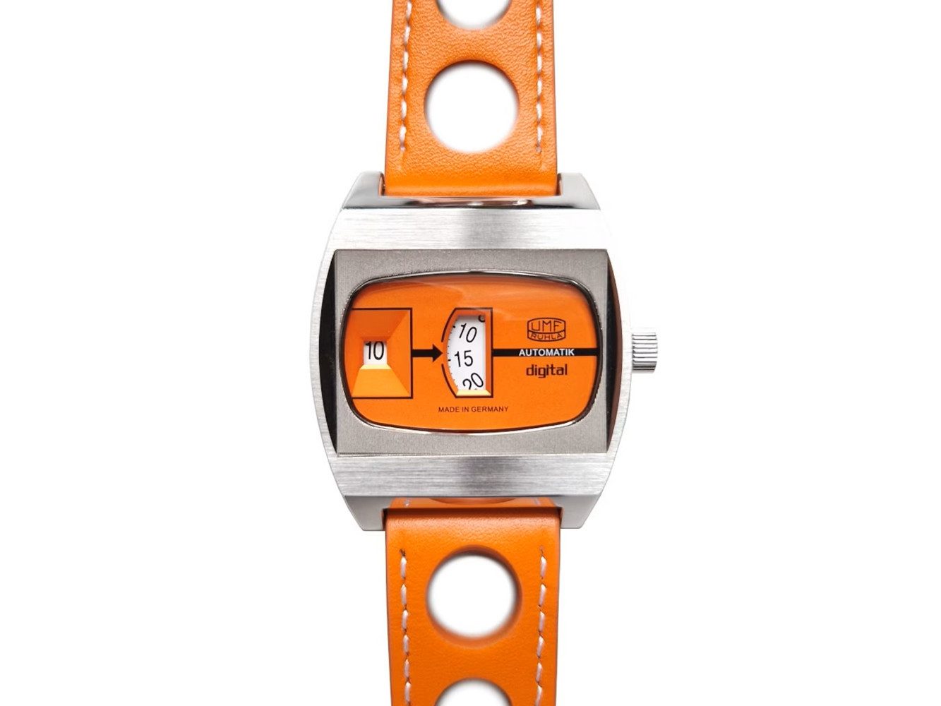 UMF Ruhla Automatikuhr 1434-4, digitale Scheibenuhr in Orange „Jumping Hour“ - mit Lederband, für Sammler und Liebhaber auffälliger Accessoires - Made in Germany