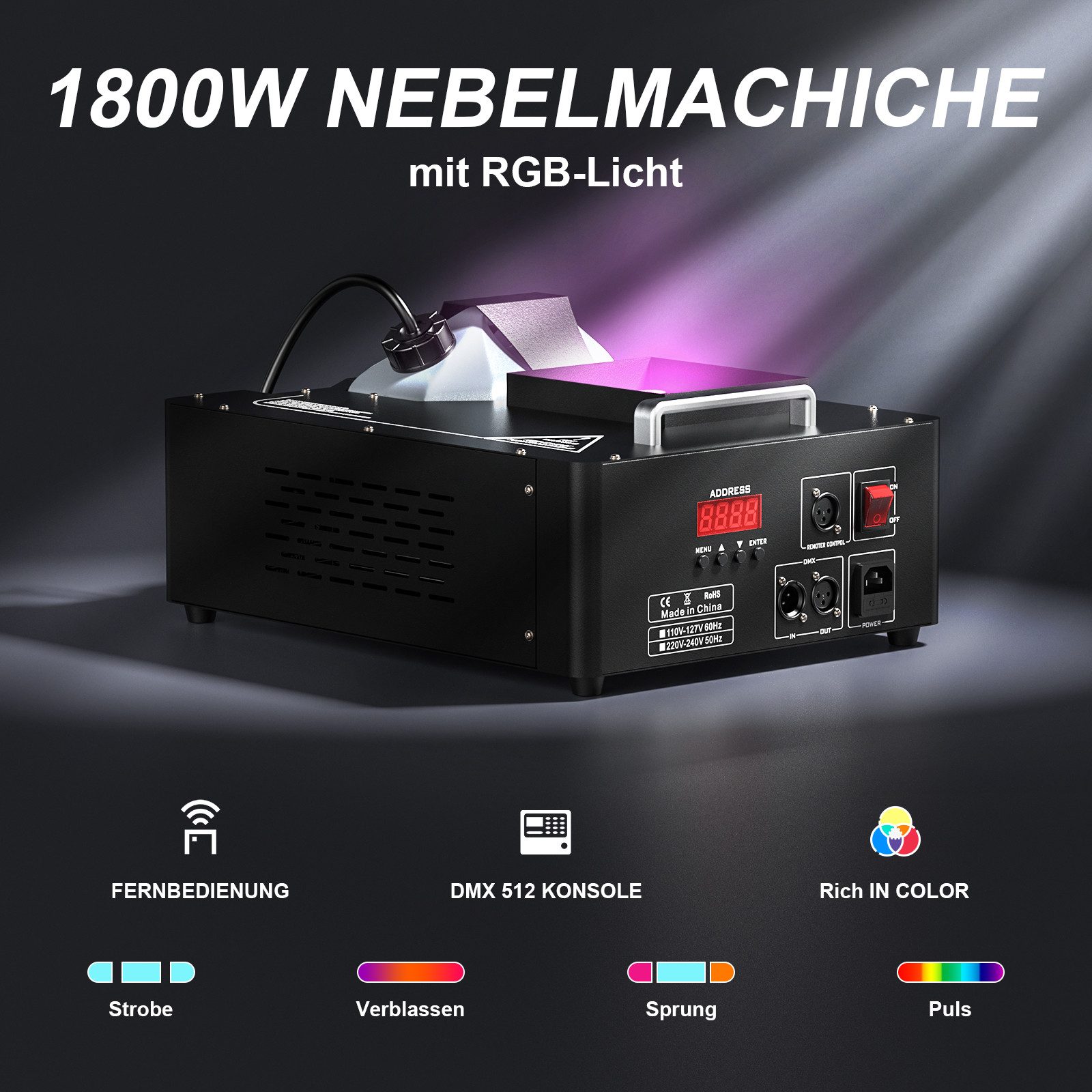 ZonQoonz Discolicht 1800-W-Nebelmaschine mit 24 RGB-LED-Leuchten und Fernbedienung
