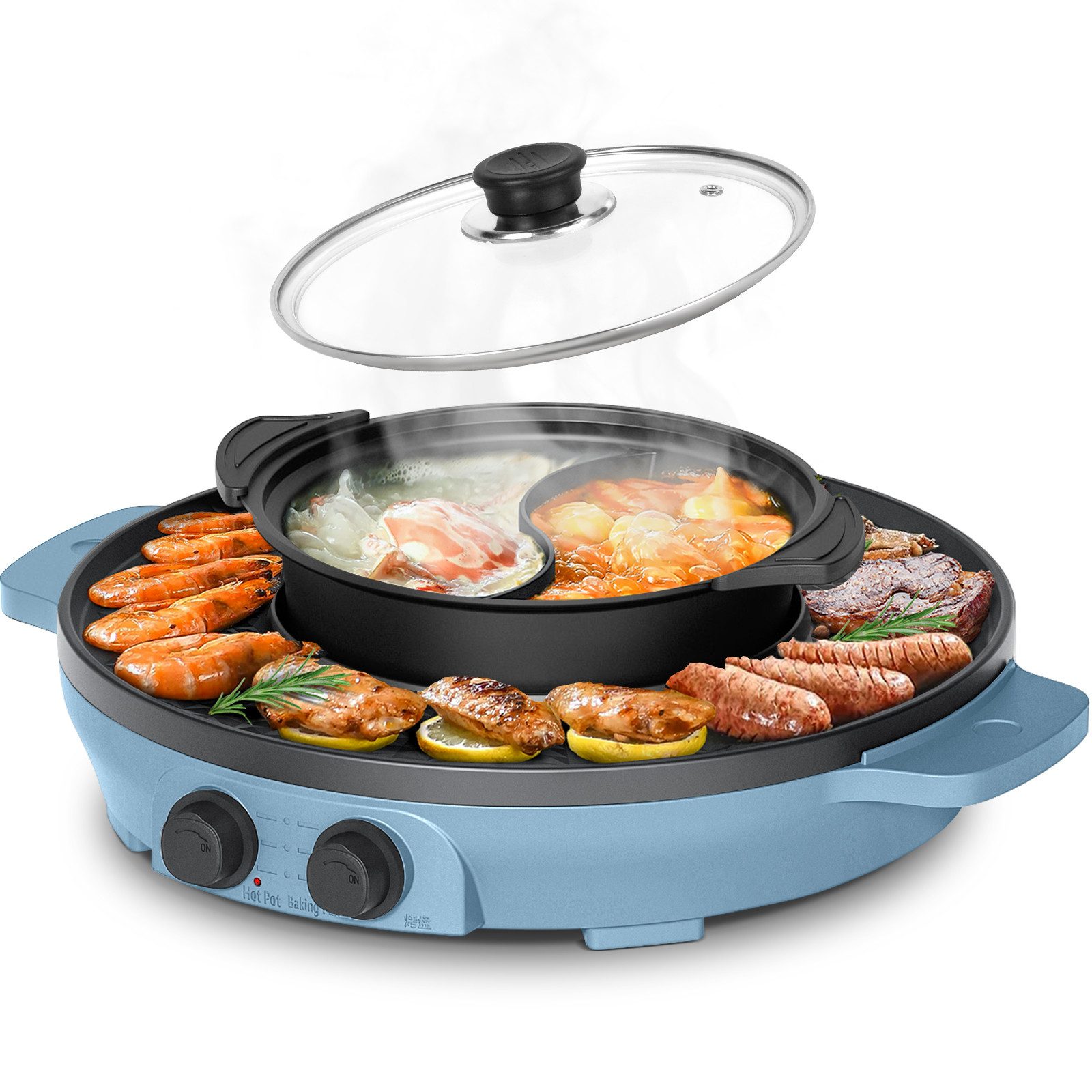 ENFRIFAM Teppanyakigrill Elektrische Hot Pot mit Grill, 2 in 1 Grillplatte Party-Pfanne Elektro, Antihaftbeschichtung, für 2-8 Personen, Doppelte Trennung Design