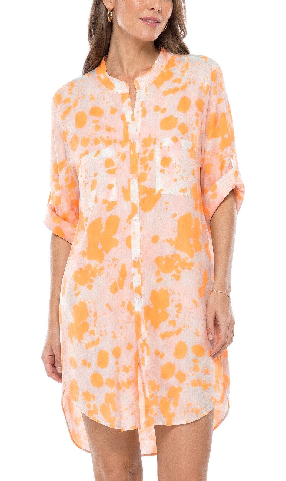 dy_mode Longbluse Damen Longbluse Leichte Tunikabluse Oversize Hemdbluse Sommerbluse Knalliges Farbklecks-Muster, Knopfleiste
