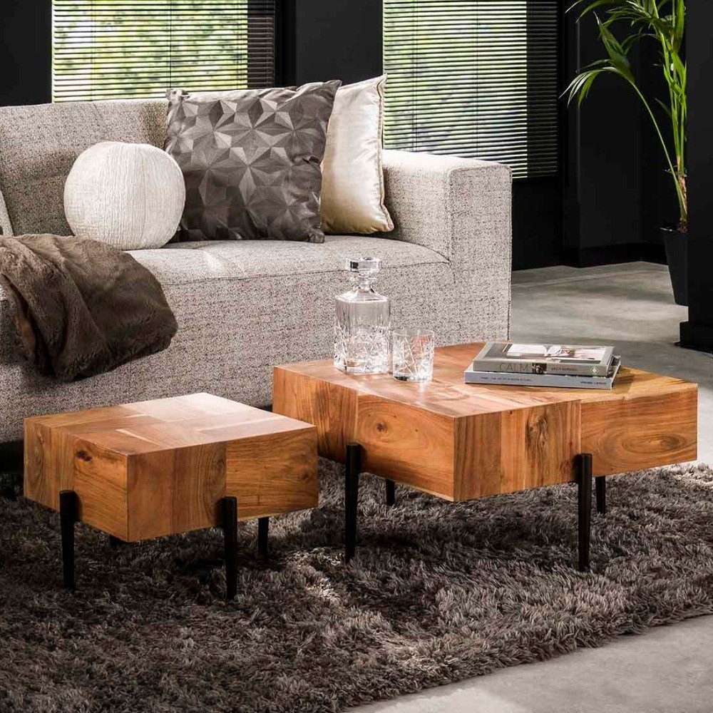 Möbel RINGO-Living aus 2er-Set, Couchtisch Beistelltisch und Saffron Schwarz Akazienholz Natur-dunkel in