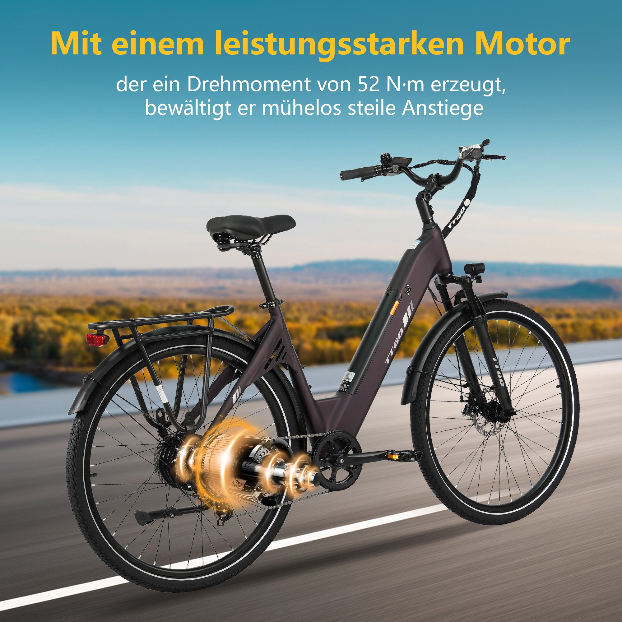 TTGO E-Bike Cityrad 28 Zoll, 55Nm, 650Wh, 150km, Elektrofahrrad für Damen und Herren, 7 Gang Shimano, Kettenschaltung, Heckmotor, 650 Wh, (Alu-Pedale, max. Bela – Bild 4 von 5