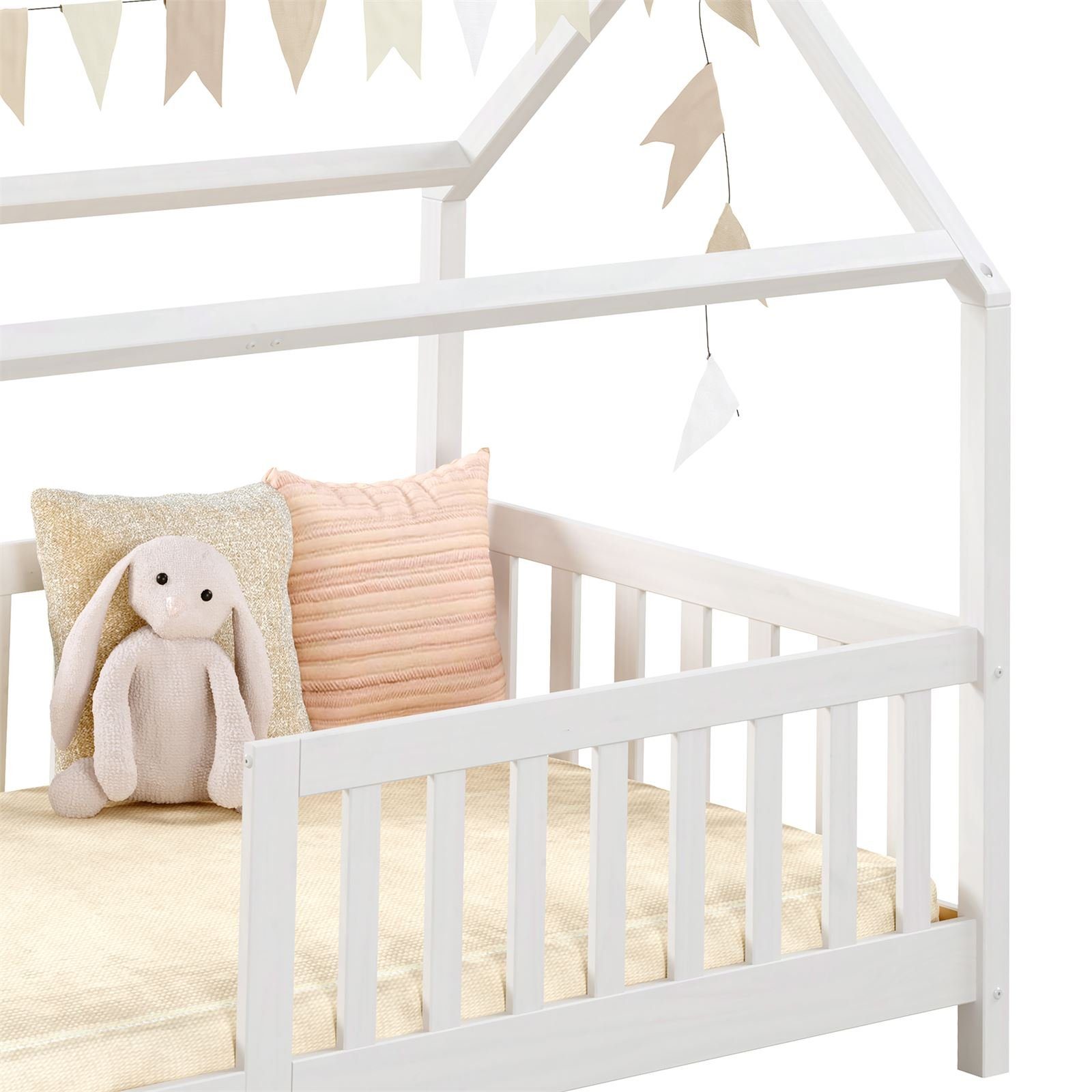 Bett Kinderbett Hausbett Kinderzimmer Rausfallschutz IDIMEX NINA, Weiß 90x200 NINA