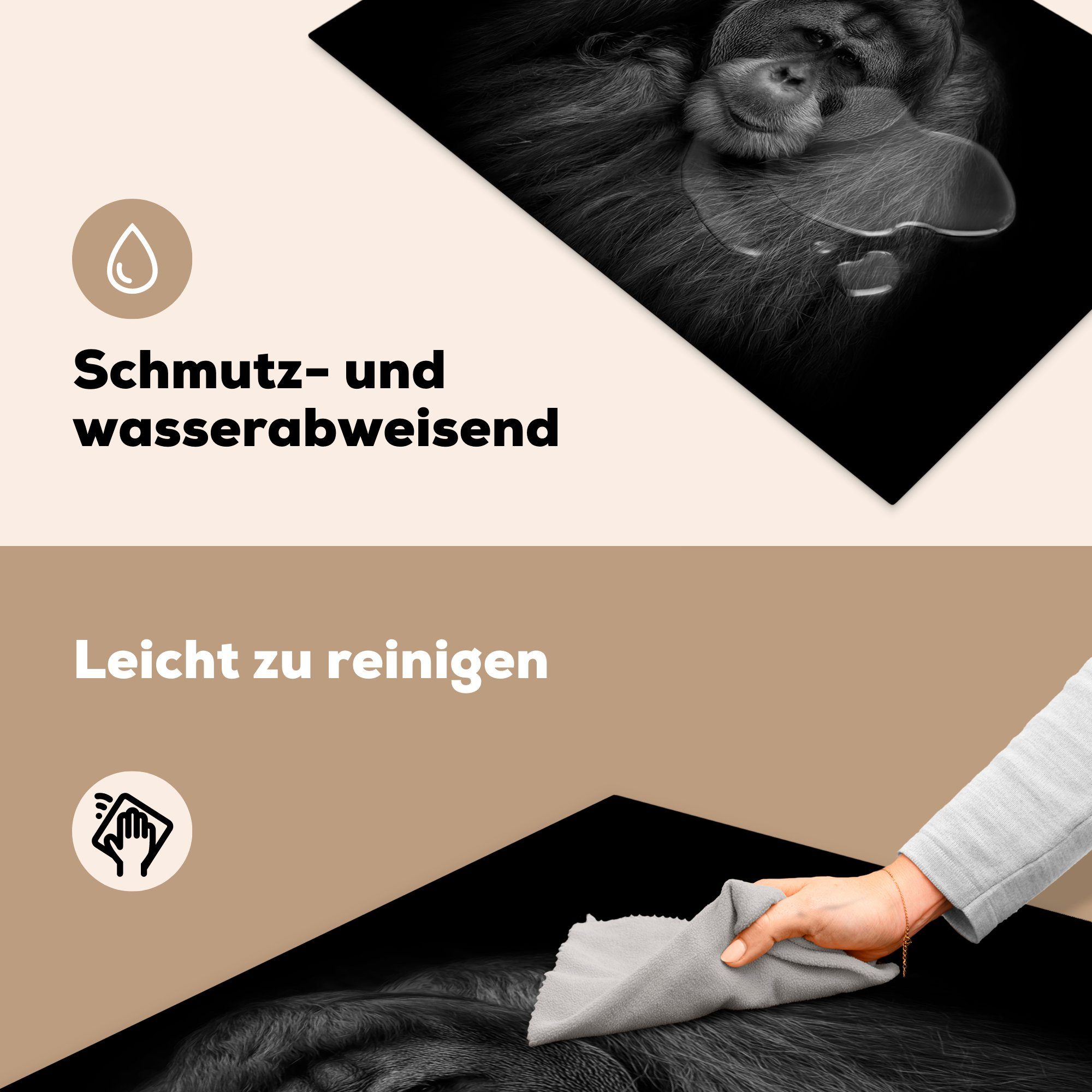 Induktionskochfeld die und Ceranfeldabdeckung tlg), küche, MuchoWow (1 Herdblende-/Abdeckplatte in Vinyl, 81x52 Orang-Utan-Profil cm, Schwarz Weiß, für Schutz