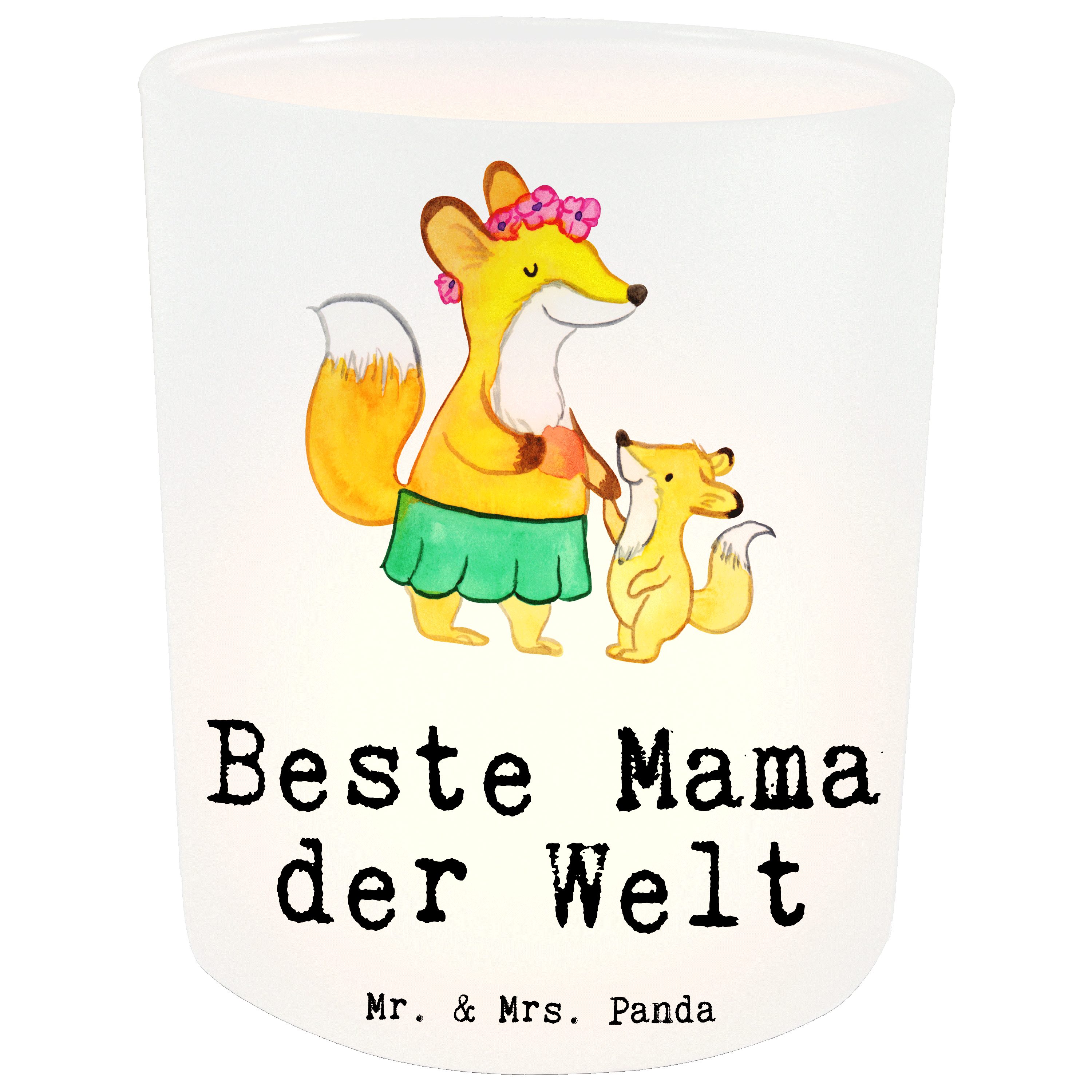 Mr. & Mrs. Panda Windlicht Fuchs Beste Mama der Welt - Transparent - Geschenk, Teelichtglas, Dan (1 St)