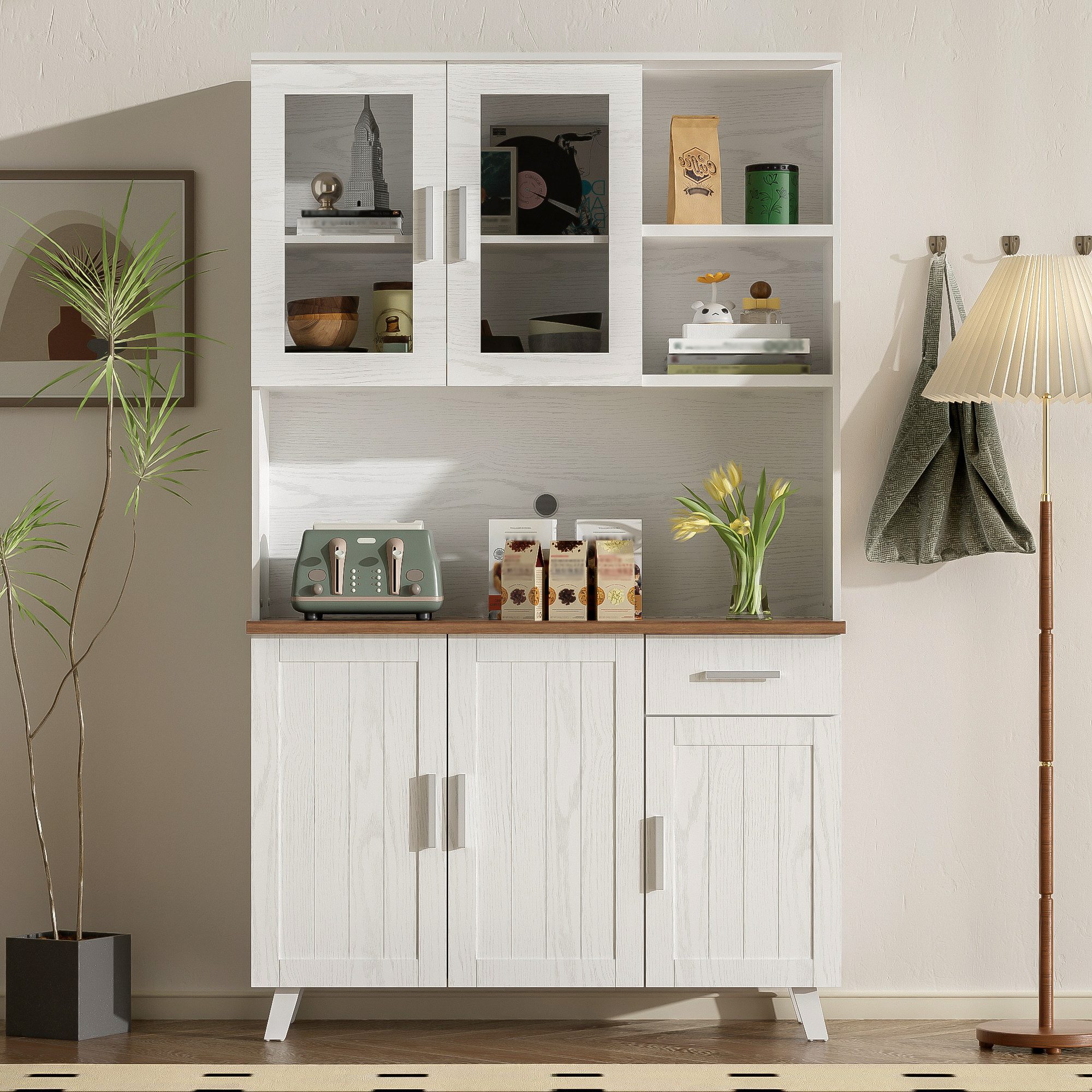 KLAM HOME Mehrzweckschrank Weißer Holzmaserung-Hochschrank 114 x 40 x 190 cm (Küchenschrank Mehrzweckschrank mit Glastüren) geeignet für Wohnzimmer und Esszimmer