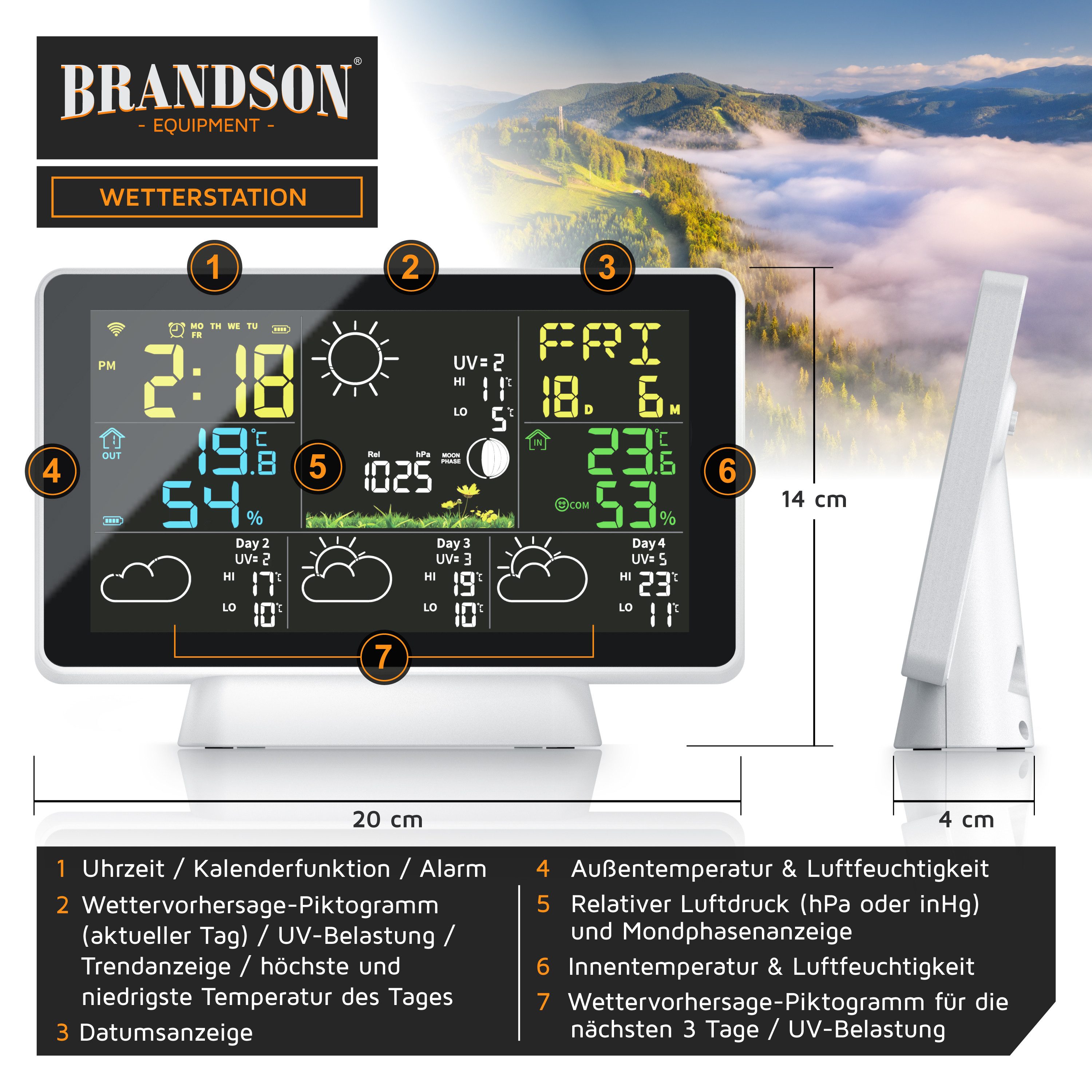 Brandson WIFI / Wlan, mit Funk Außensensor, Barometer, Luftfeuchtigkeit Wetterstation (mit Außensensor, Wecker, Wetter Prognose mit App, Temperaturtrend, UV, Mondphase)