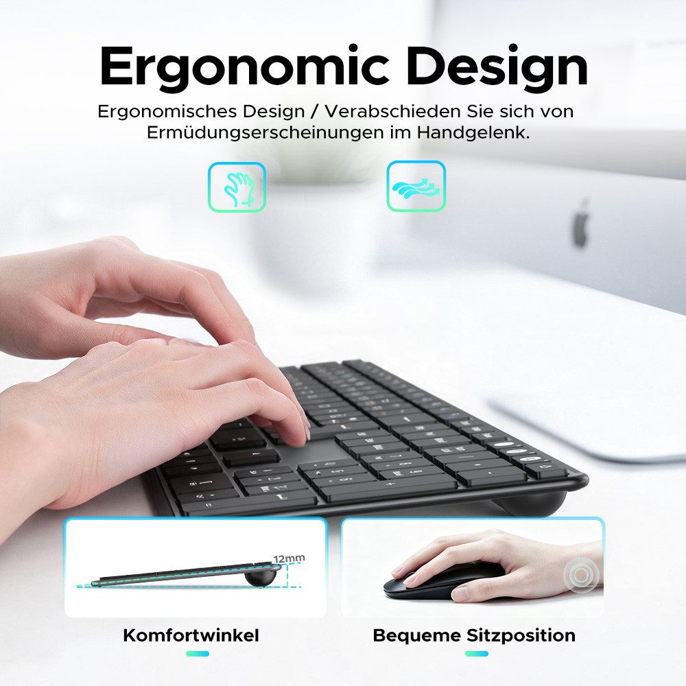 Seenda SKM64-3 Leise Bluetooth Tastatur mit Maus Wiederaufladbare Tastatur- und Maus-Set, (Set, 2 St., Ultradünne Leise Tastatur Maus Set kabellos), Dualmodus, Aufladbar und aus Metall