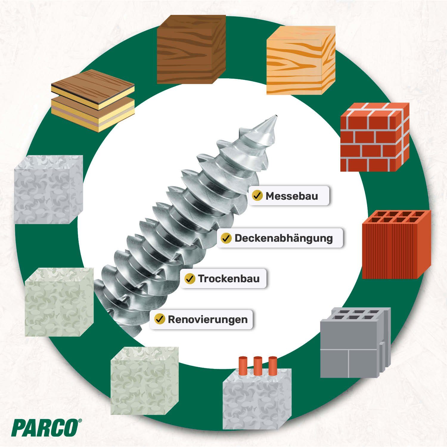 PARCO Fensterrahmenschraube Typ Pan Head, Silverline, TX30, 7,5x182mm & weitere - 100 Stück, Hohe Belastbarkeit, Einfache Montage, Doppeltes Gewinde