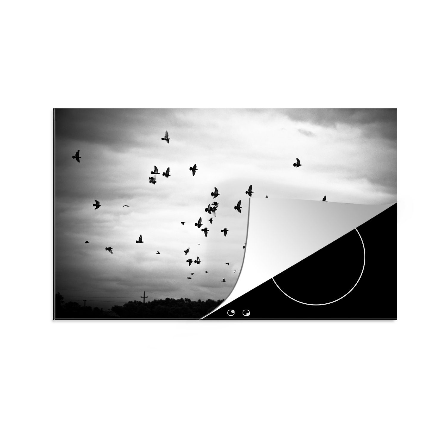 MuchoWow Herdblende-/Abdeckplatte Tiere - Vögel - Wolken - Schwarz - Weiß, Vinyl, (1 tlg), 77x51 cm, Ceranfeldabdeckung, Arbeitsplatte für küche