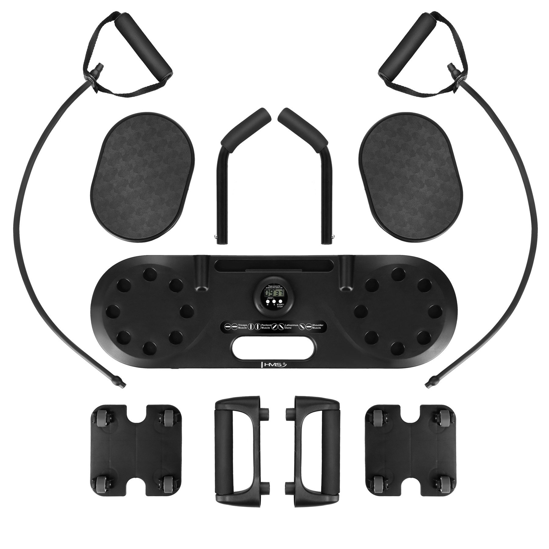 HMS Liegestützgriffe DBP02 Trainingsboard mit Griffen Expander Bändern Smartphone Halter