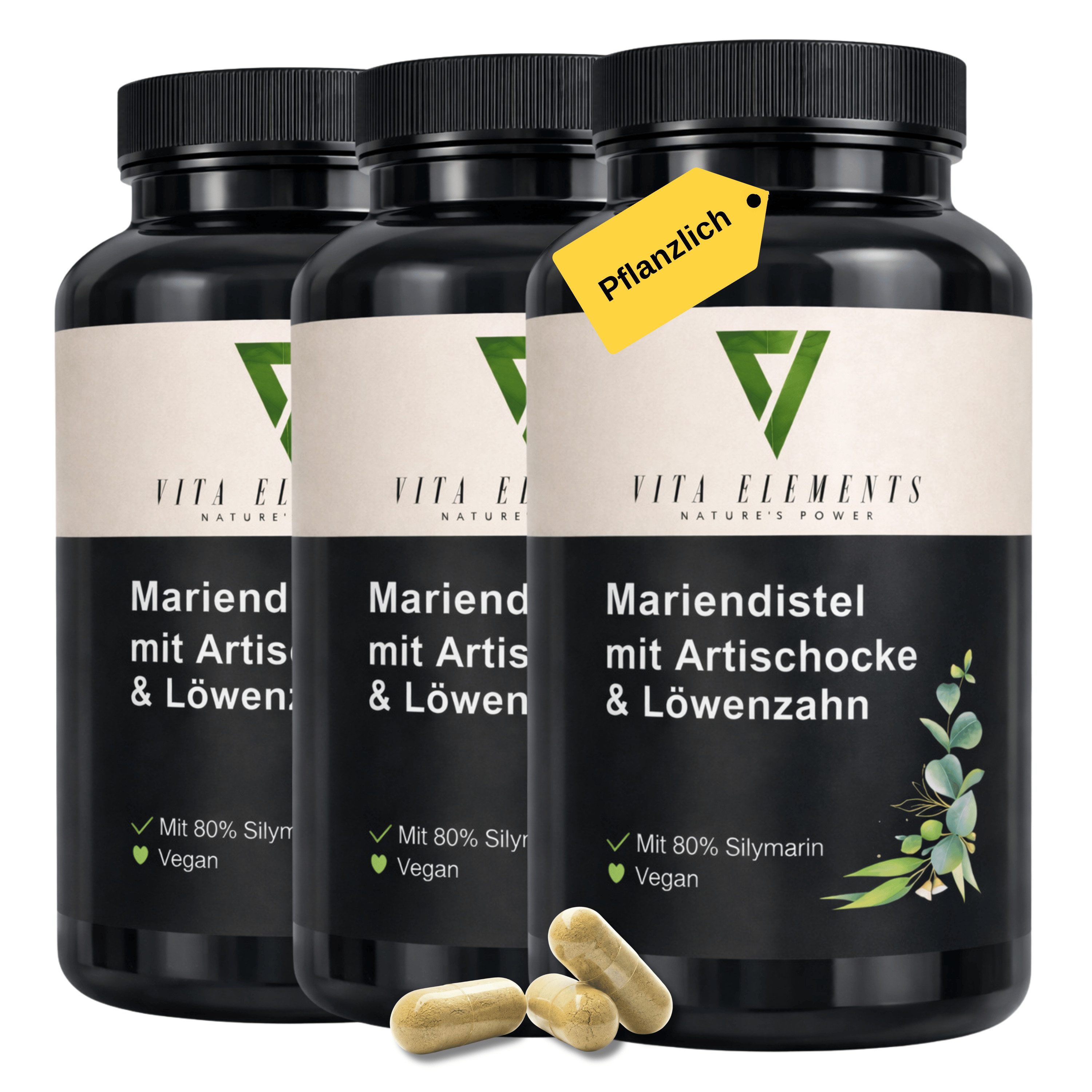 Vita Elements 3er Set Mariendistel mit Artischocke & Löwenzahn Kapseln, 360 Stk. Vegan Frei von Gentechnik Ohne unnötige Zusätze Laborgeprüft