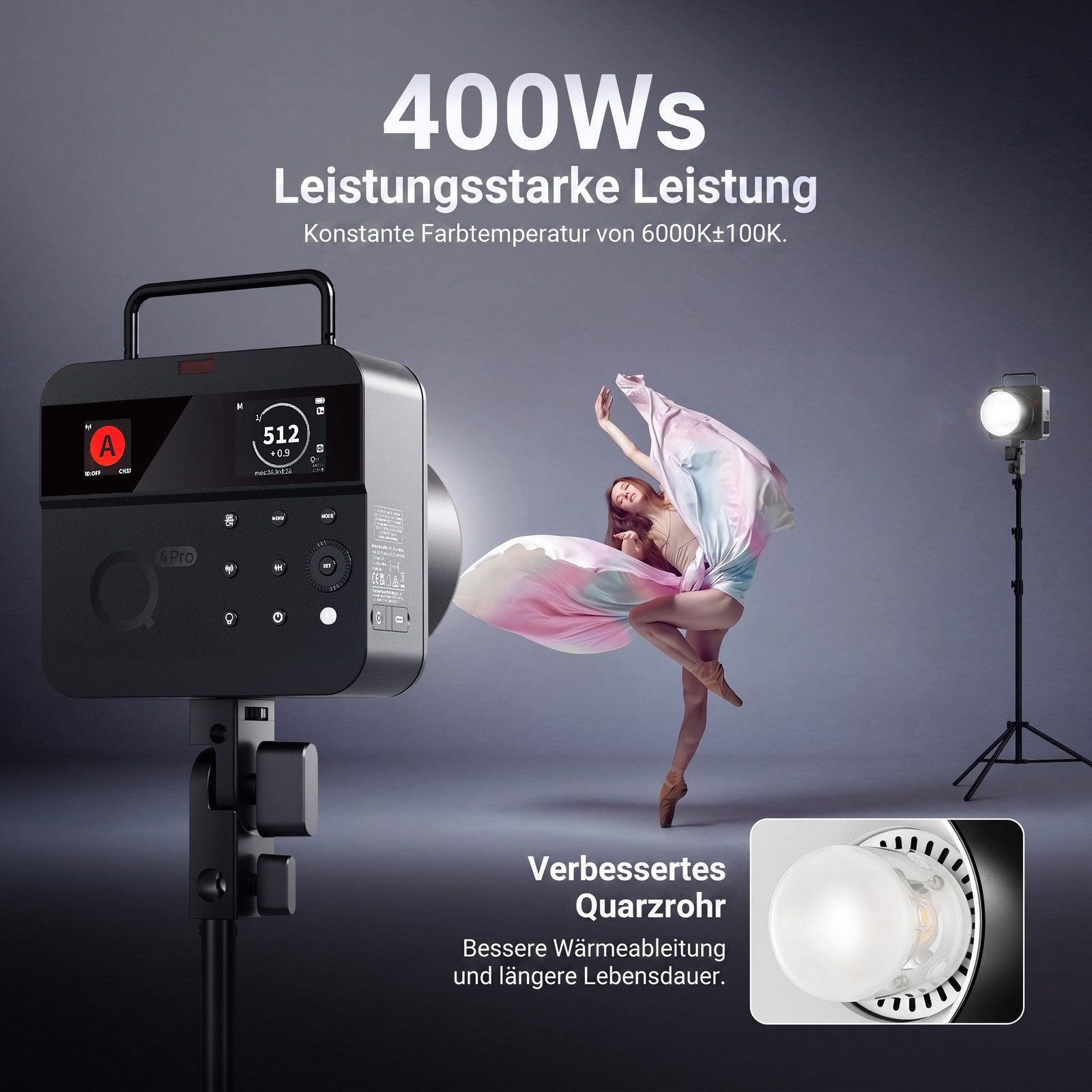 Neewer Q4PRO 400W 2,4G TTL Outdoor Studio Flaschenstrobe, 1/8000 HSS 6000K Blitzgerät, (kompatibel mit Godox, mit App-Steuerung, Bowens Anschluss, 2800mAh)