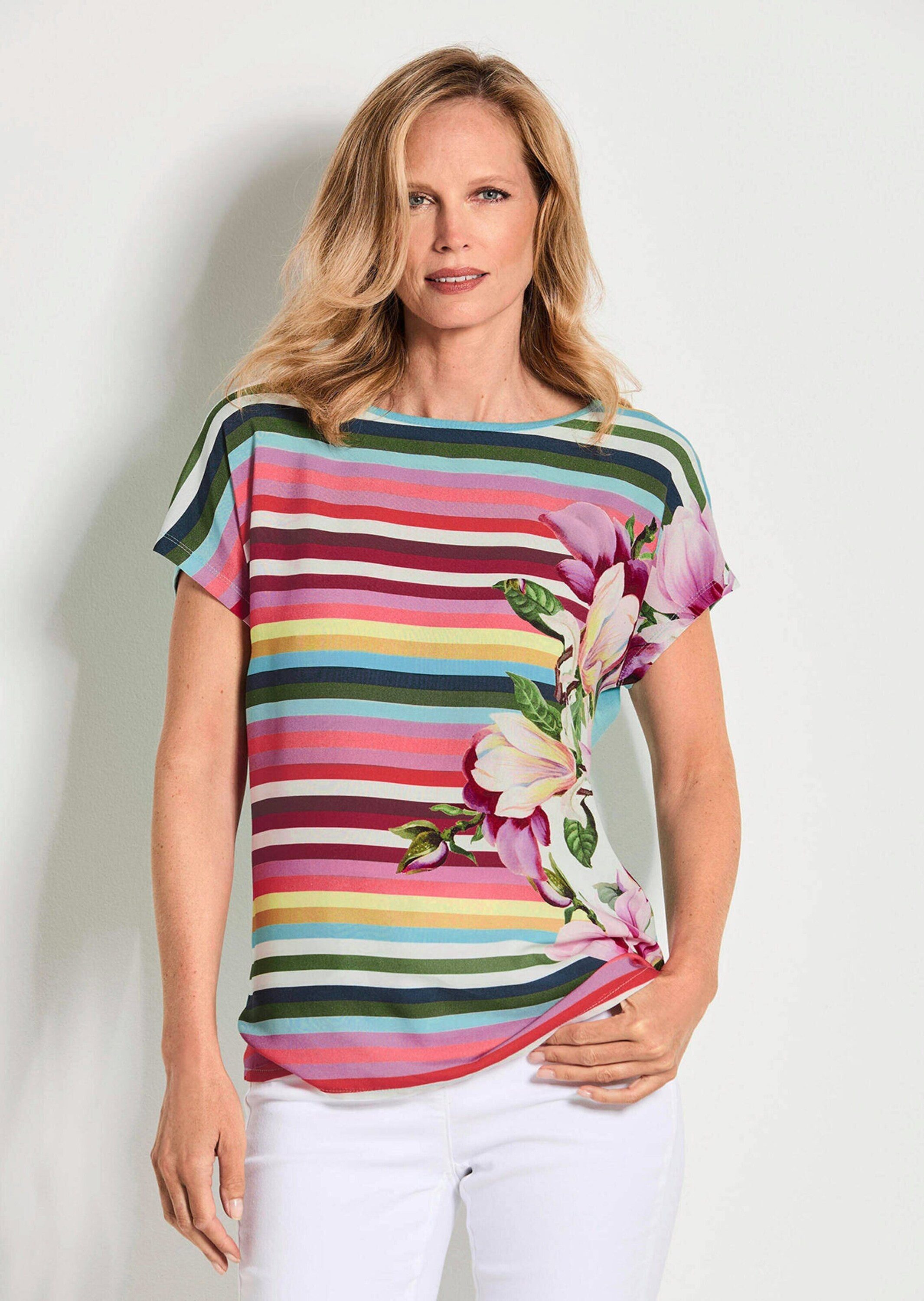 GOLDNER Schlupfbluse Kurzgröße: Streifenshirt mit floralen Akzenten Viskoseshirt mit U-Boot-Ausschnitt, Jersey-Rückseite und ohne Arm