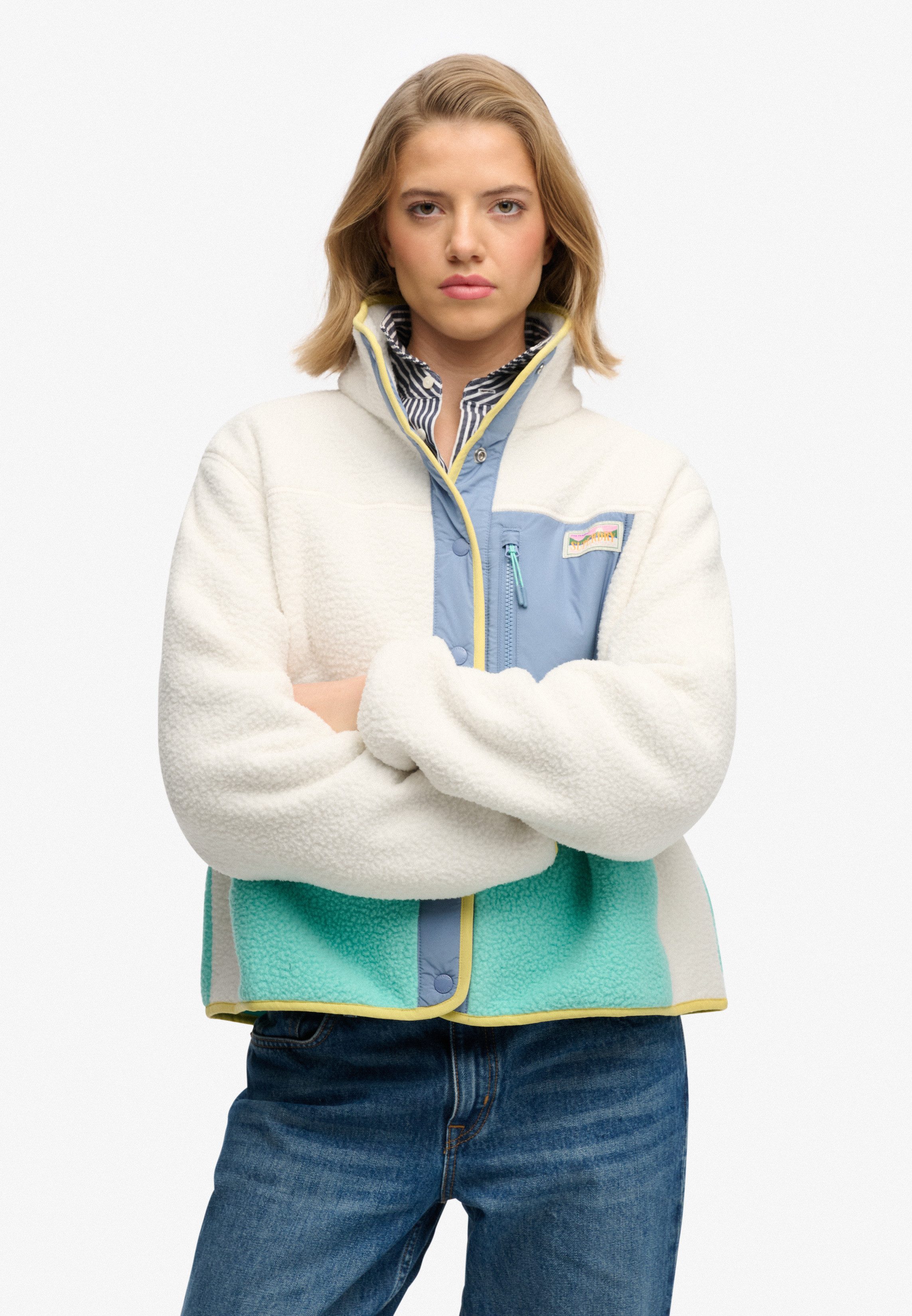 Superdry Fleecejacke COLOUR BLOCK FLEECE JACKET Kunstfaser, oversize, Colorblock, Superdry-Etikett an der Brusttasche