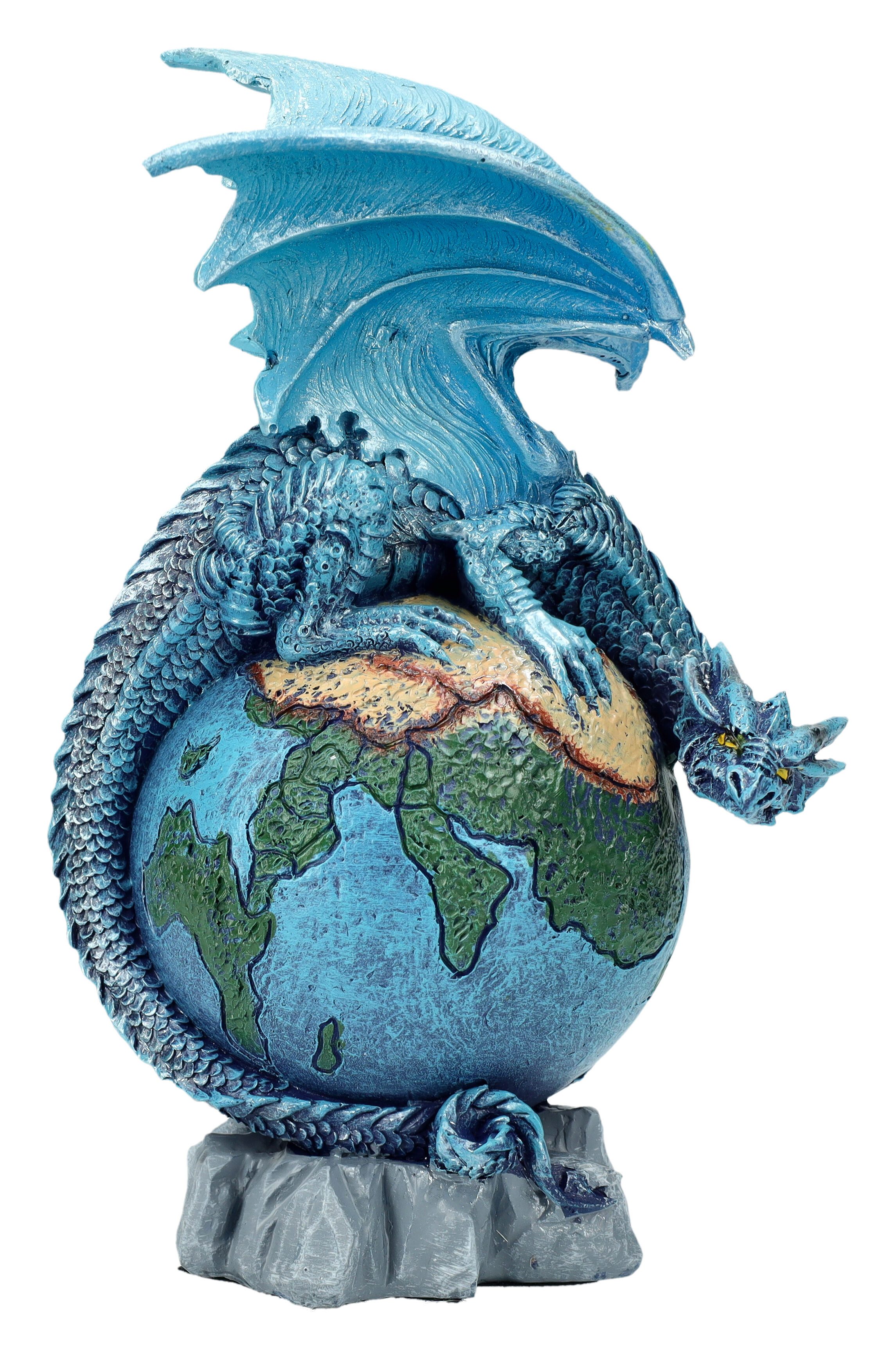 Figuren Shop GmbH Fantasy-Figur Drachen Figur – Blauer Planet Erde Statue Fantasy Dekofigur 14.5 cm