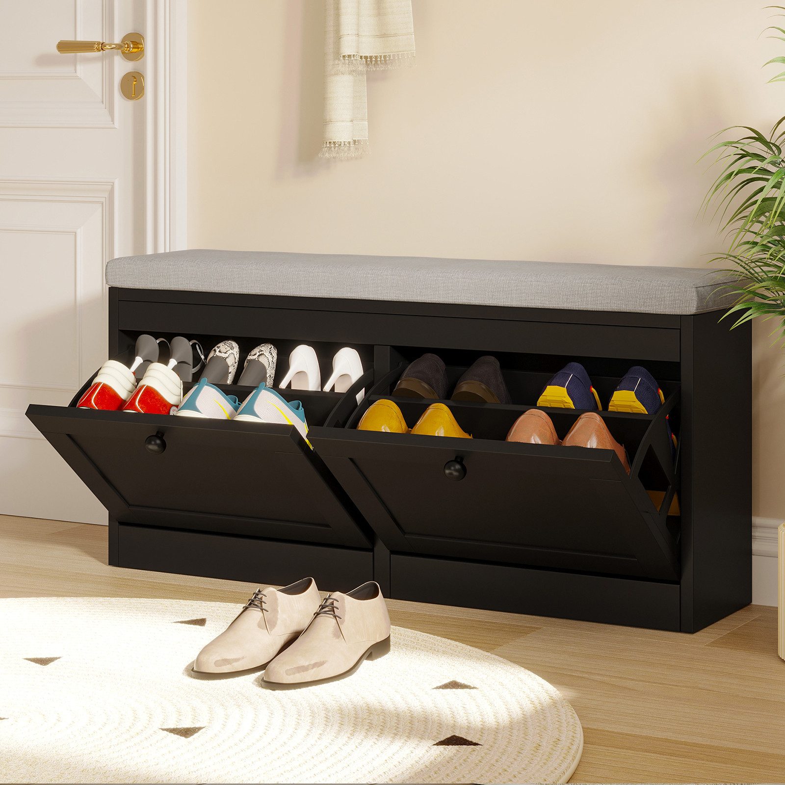 VOWNER Schuhschrank mit 2 Klappen, Sitzbank mit Sitzkissen 106 × 32 × 52 cm
