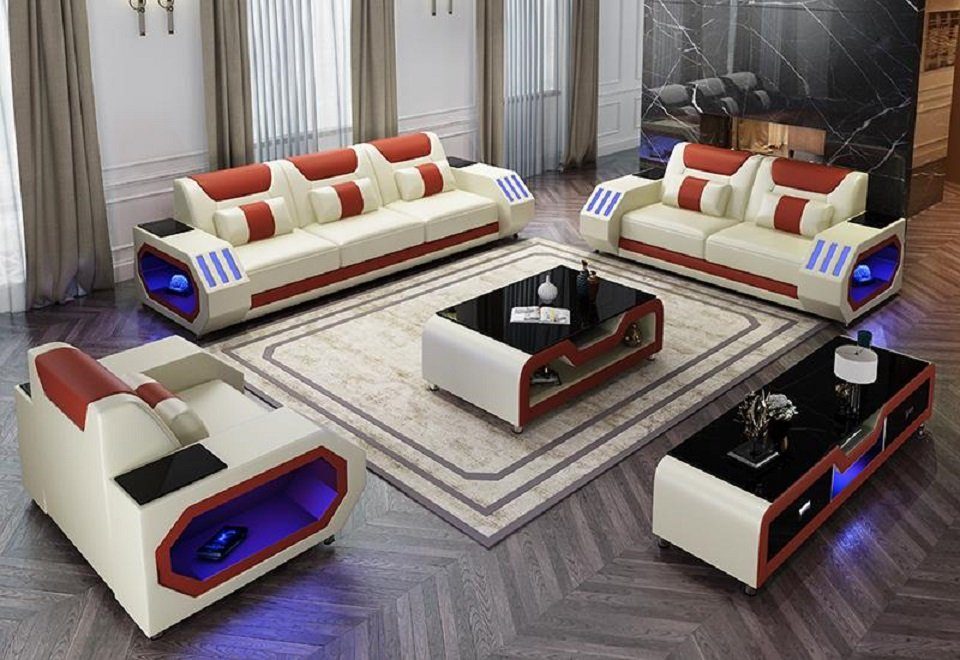 JVmoebel Sofa Beige/Orange Garnitur Made Europe Designer Sofa Couchen Ledersofa Neu, 3+1+1 in Couch Beleuchtete