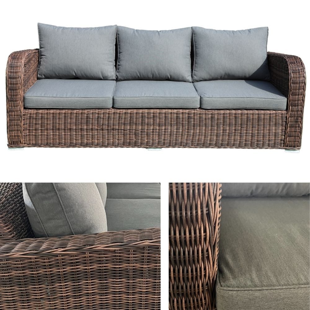 LebensWohnArt Loungesofa 3er Lounge Sofa VITA rundes Polyrattan Natural-Brown Gartenmöbel