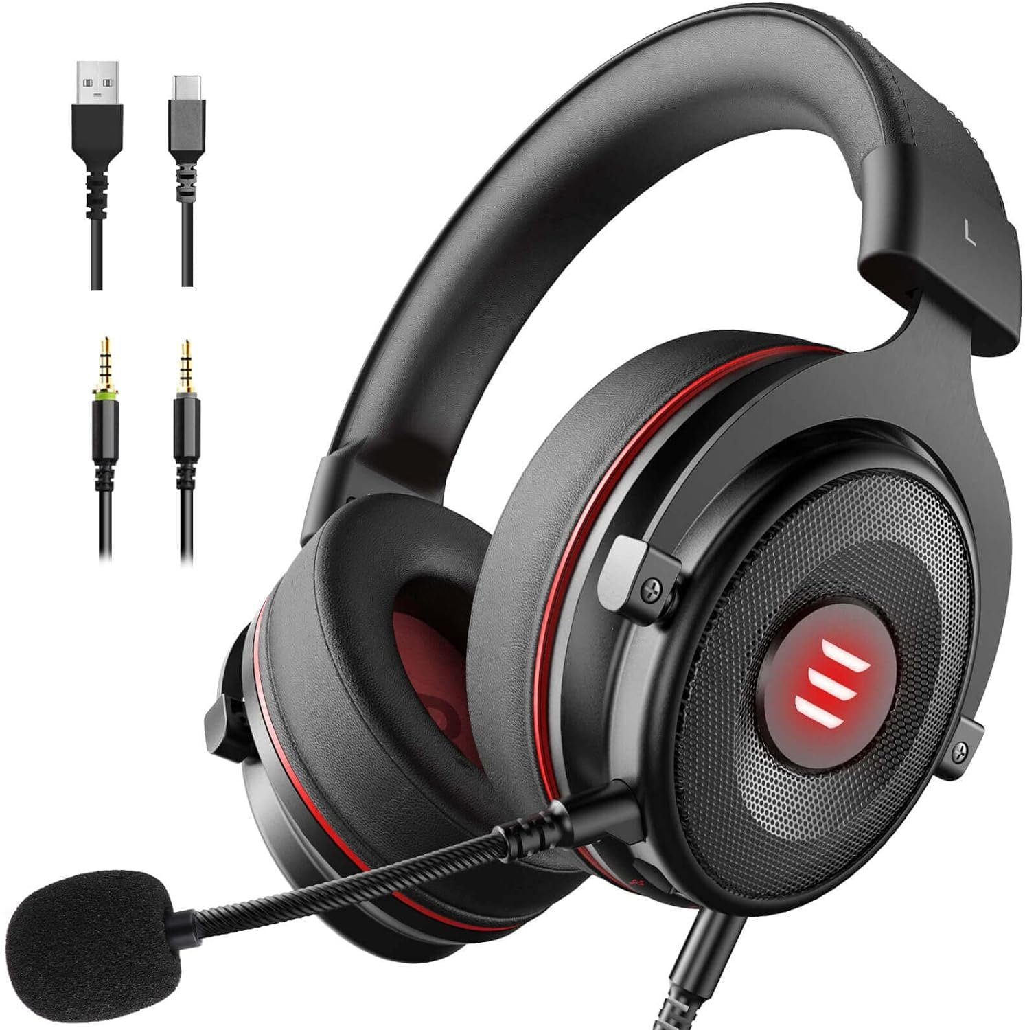 EKSA E900PRO Gaming-Headset Zubehör (Geräuschunterdrückung, Gamer-Kopfhörer Geräuschunterdrückung, inklusive abnehmbarem mit LED, Bass-Surround-Sound, USB-3,5-mm-Kabel) Bass-Surround-Sound, LED, Mikrofon