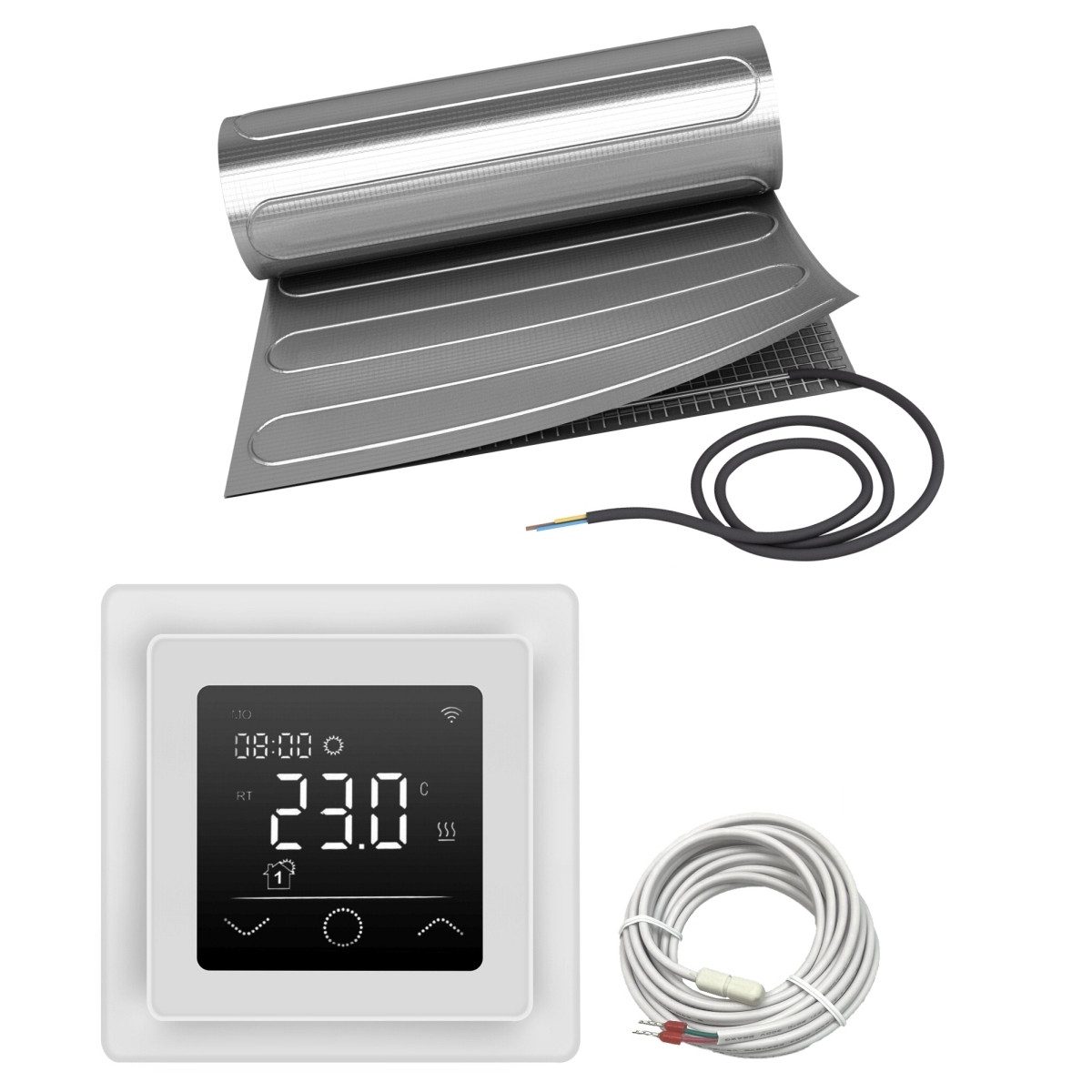 HoWaTech Fußbodenheizung-Matte Fußbodenheizung Elektrisch Set ALU 80 W/m² Laminat Parkett Vinyl, (Komplett Set), Integriertes, programmierbares Thermostat