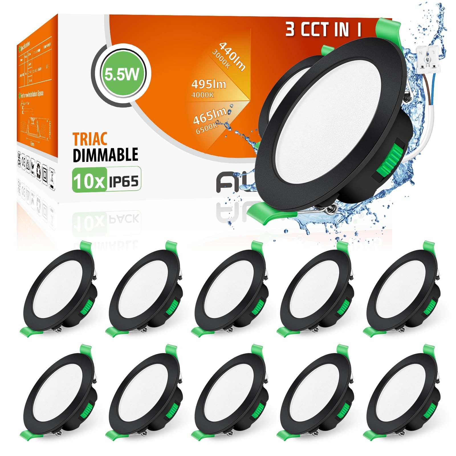 ALUSSO LED Einbaustrahler 10er-Ser, 5.5W Decken Leuchte, Flach Strahler, Dimmbar Spot, mit der Energieeffizienzklasse D, IP65, Schwarz