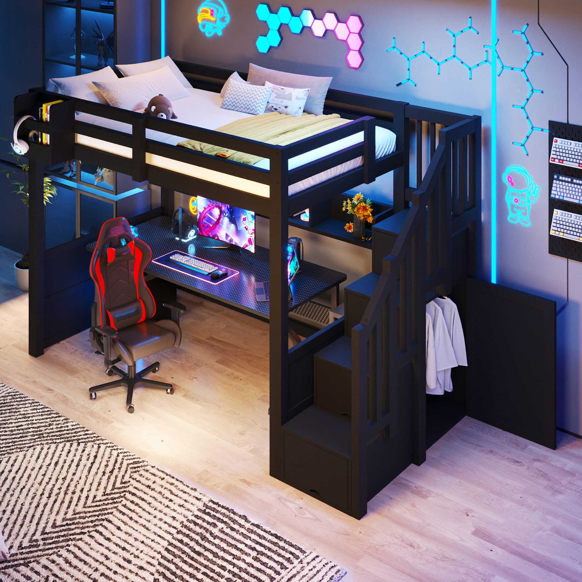 STILVORA Jugendbett 90×200 mit Stauraum Funktionbett Holzbett, ohne Matratze (Hochbett mit Stauraumtreppe, Kleiderschrank und Ablagefächern, Holz, LED-Beleuchtung, 4 Fächer, Lattenrost, Geländer), für Kinderzimmer, Jugendzimmer, kleine Räume und Gästezimmer