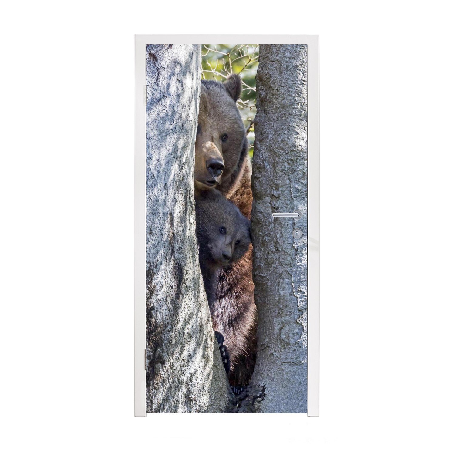 MuchoWow Türtapete Bärenmutter und ihr Junges stehen an einem Baum, Matt, bedruckt, (1 St), Fototapete für Tür, Türaufkleber, 75x205 cm