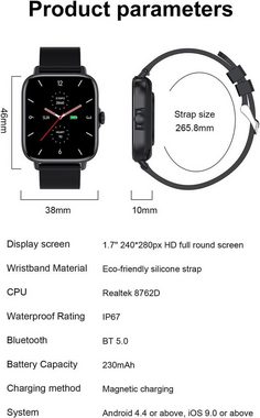 findtime Smartwatch (1,70 Zoll, Android, iOS), mit Herzfrequenzmonitor,Schlaf,Schrittzähler,Kalorien, WasserdichtIP67