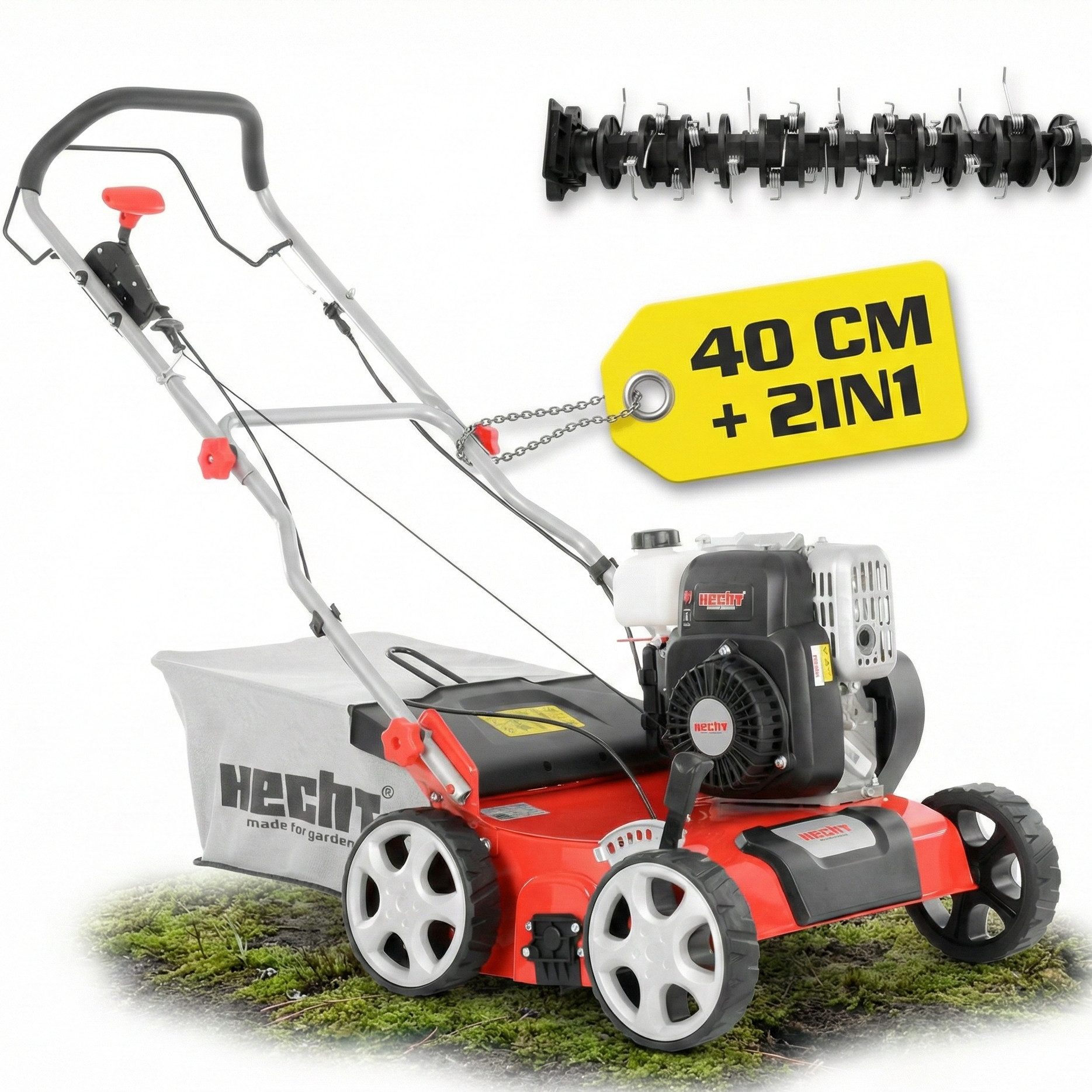 Hecht Benzin-Vertikutierer / Lüfter Rasenlüfter 5641 2in1 mit 5,5 PS, 40,00 cm Arbeitsbreite, 18 Messer, 24 Federkrallen, Stahlgehäuse