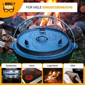 BBQ Nerd Feuertopf Professional mit Ständer, Gusseisen (Dutch Oven Bräter mit Deckel inkl. Deckelheber , bereits eingebrannt - preseasoned, 4,2L / 7,3L 9,0L / 13,6L), Feuerfester Grill & Camping Kochtopf, Grilltopf